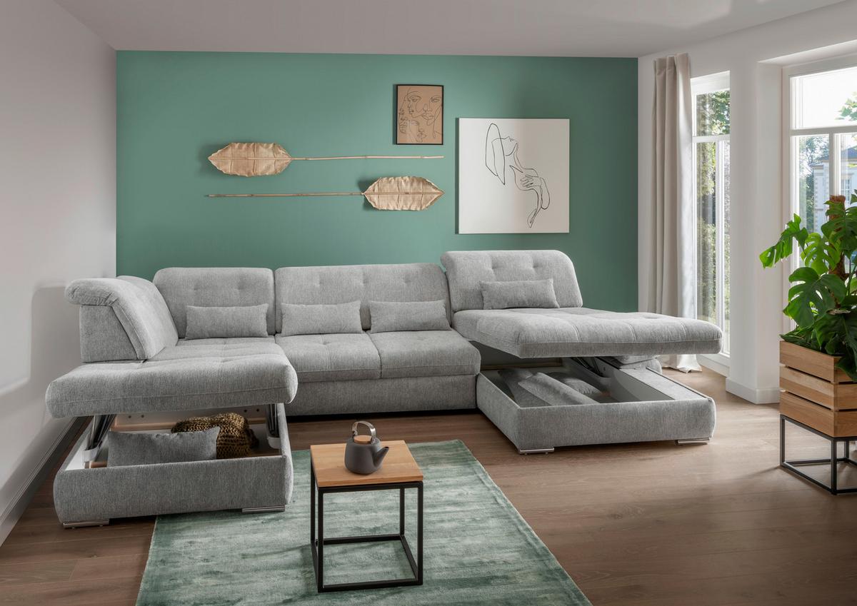 Wohnlandschaft Dalida Mit Schlaffunktion Silberfarben - Chromfarben/Silberfarben, Design, Textil (254/376/195cm) - Livetastic