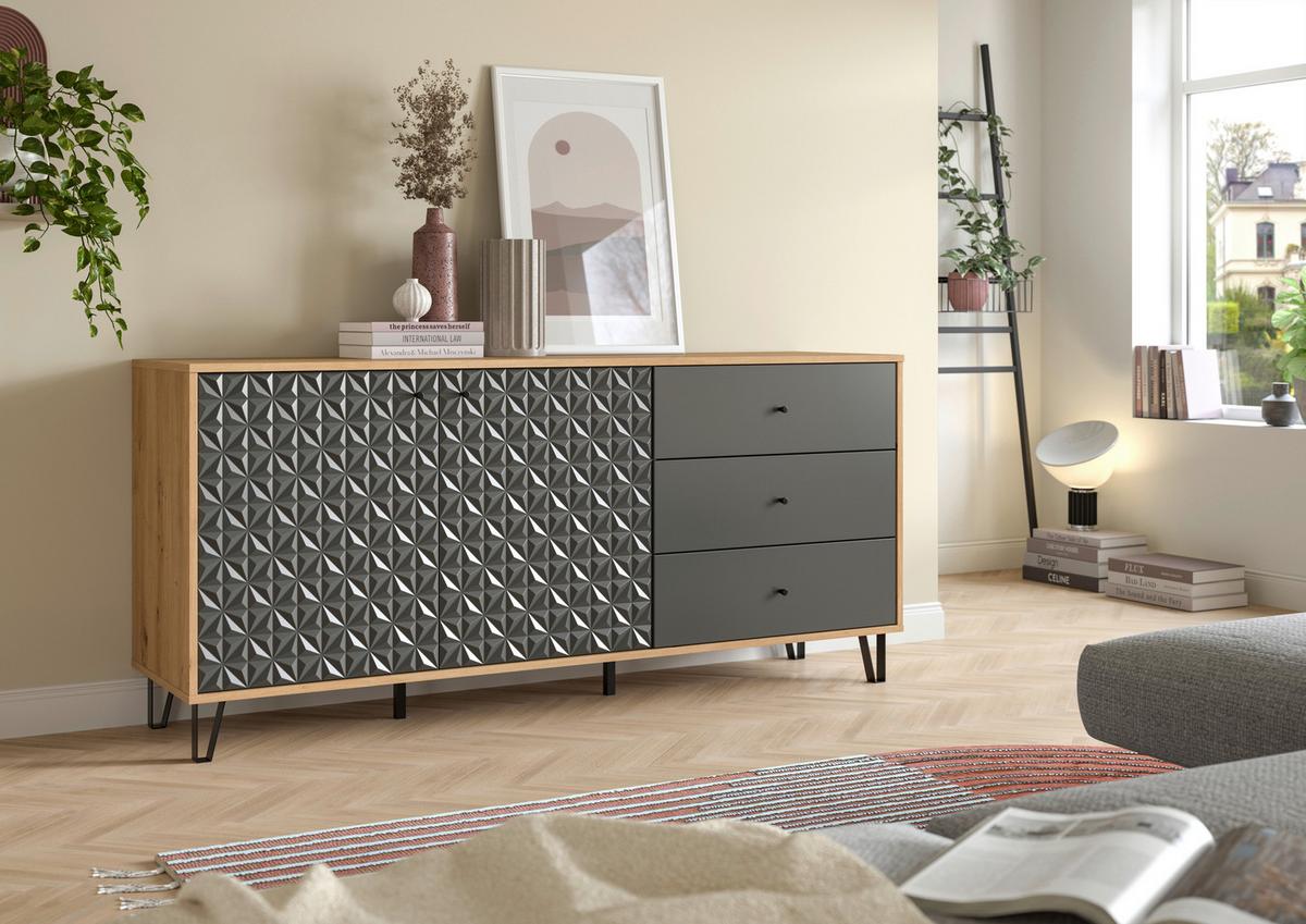 Sideboard Prisma Anthrazit/eiche B: 170 Cm - Anthrazit/Schwarz, Design, Holzwerkstoff (170/76/40cm) - Livetastic