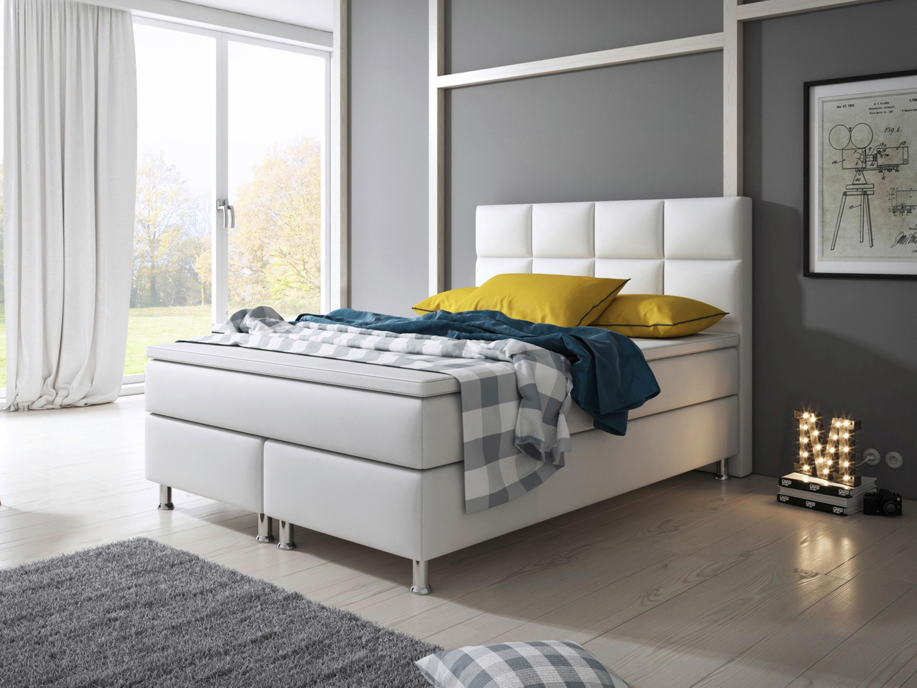 Boxspringbett Mit Topper Lederlook 140x210 Miami-F - Silberfarben/Weiß, KONVENTIONELL, Leder/Textil (140/115/210cm) - MID.YOU