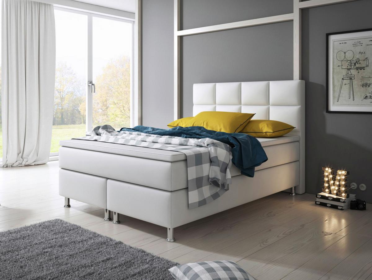 Boxspringbett Mit Topper Lederlook 140x210 Miami-F - Silberfarben/Weiß, KONVENTIONELL, Leder/Textil (140/115/210cm) - MID.YOU