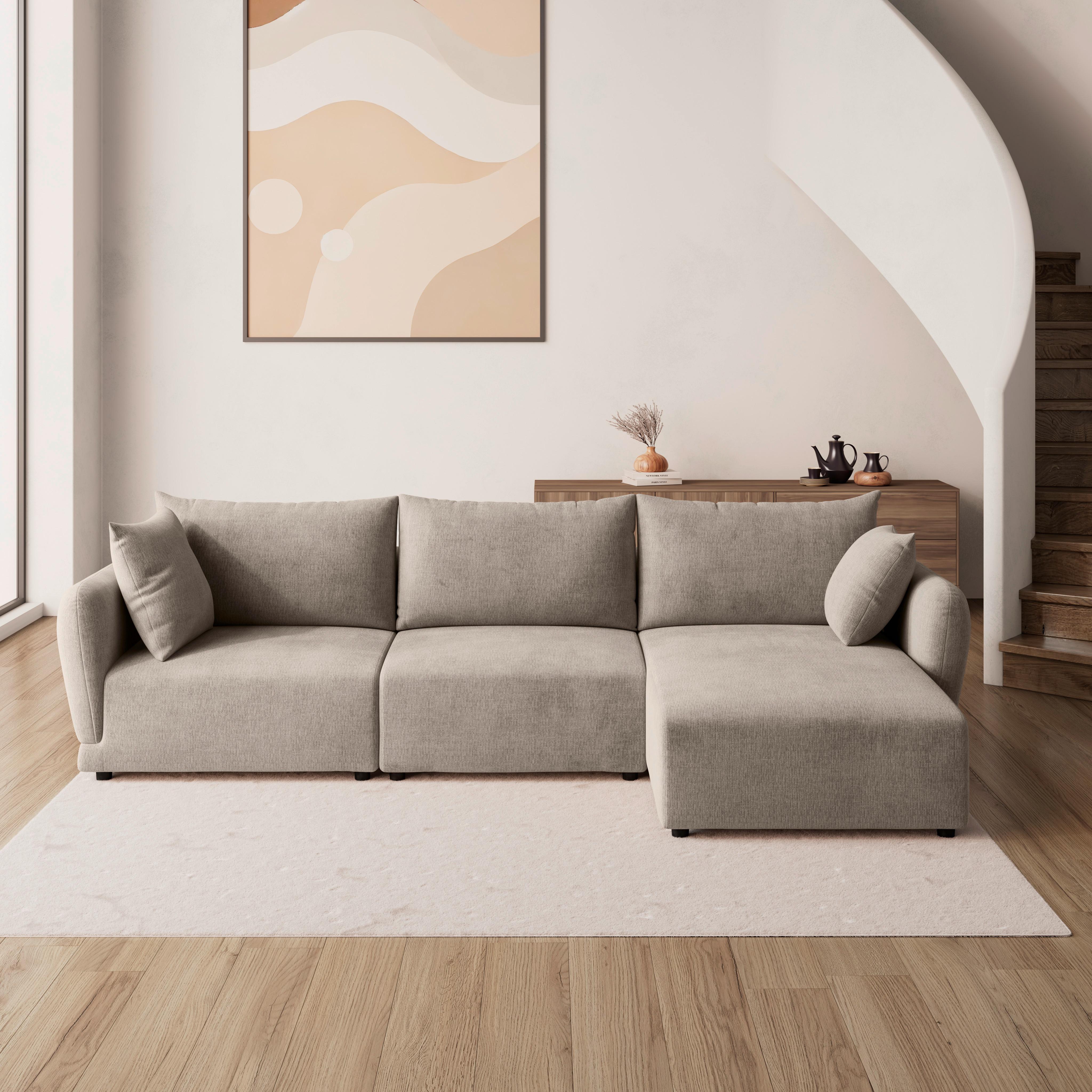 Sedací souprava NICOLE, pravá, béžová, max. do 480 kg - černá/šedobéžová, Moderní, dřevo/textil (306/87/162cm) - Bessagi Home
