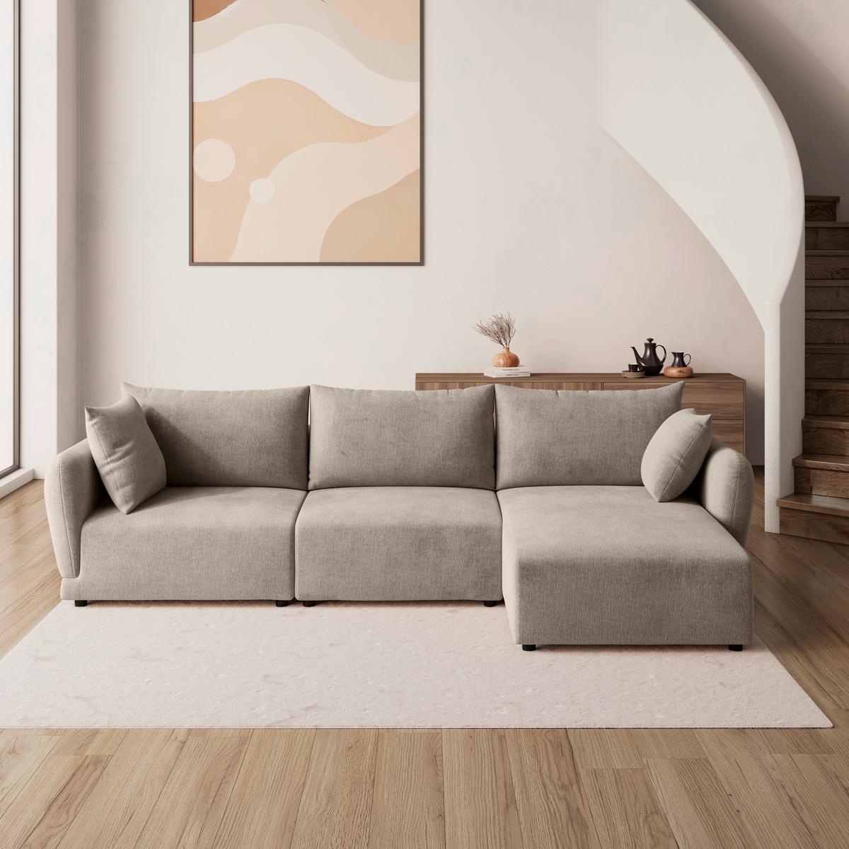 Sedací souprava NICOLE, pravá, béžová, max. do 480 kg - černá/šedobéžová, Moderní, dřevo/textil (306/87/162cm) - Bessagi Home
