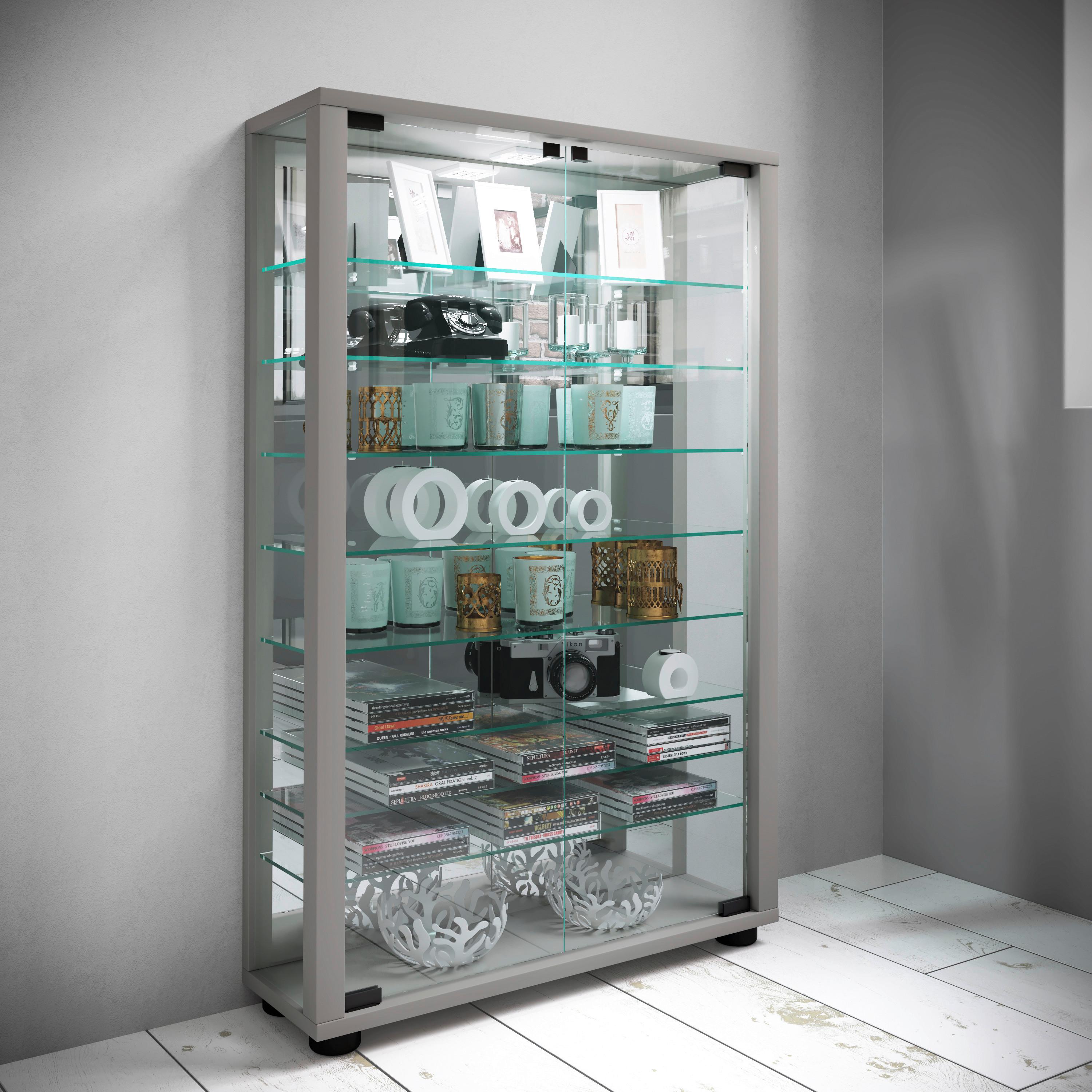 Vitrine Lumo Silberfarben B: 59 cm - Silberfarben, MODERN, Glas/Holzwerkstoff (59/91,3/18cm) - MID.YOU