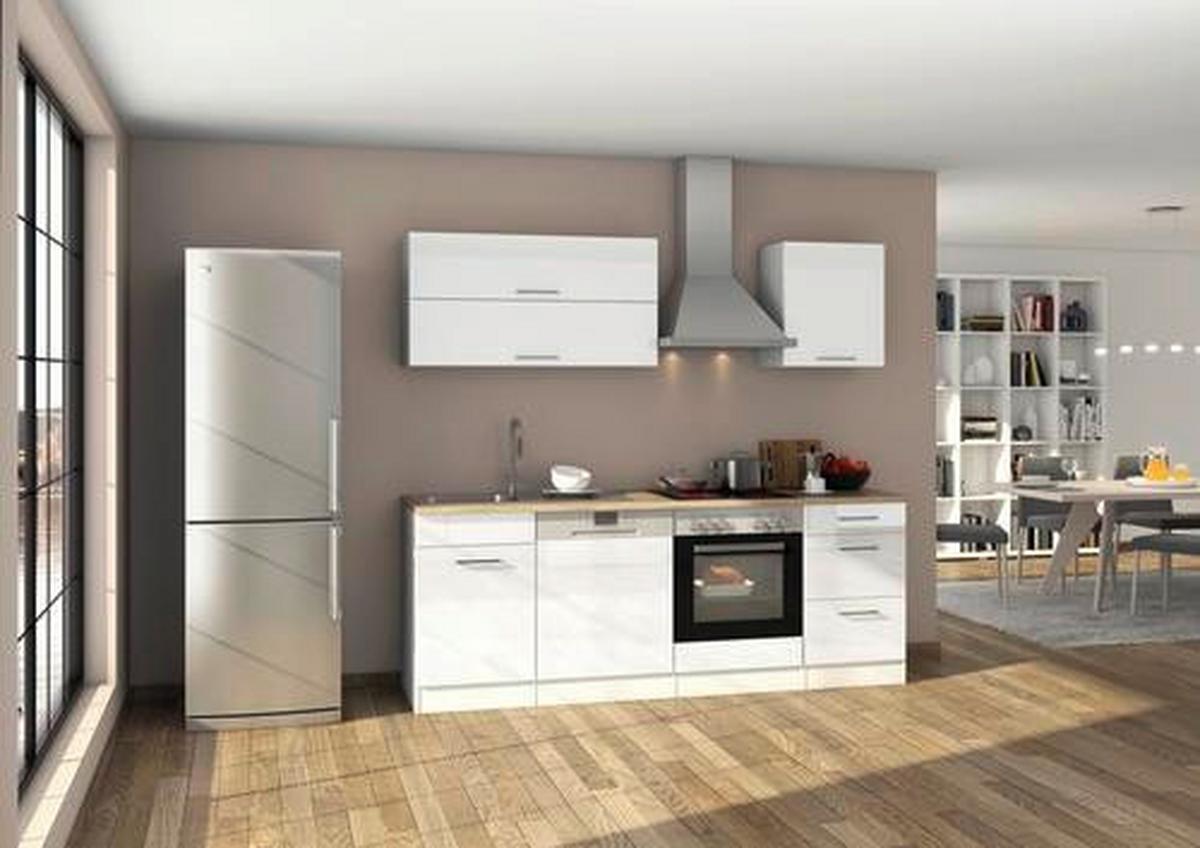 Küchenzeile Mailand mit Geräten 220 cm Weiß Elegant - Weiß Hochglanz/Eichefarben, MODERN, Holzwerkstoff (220cm) - Held