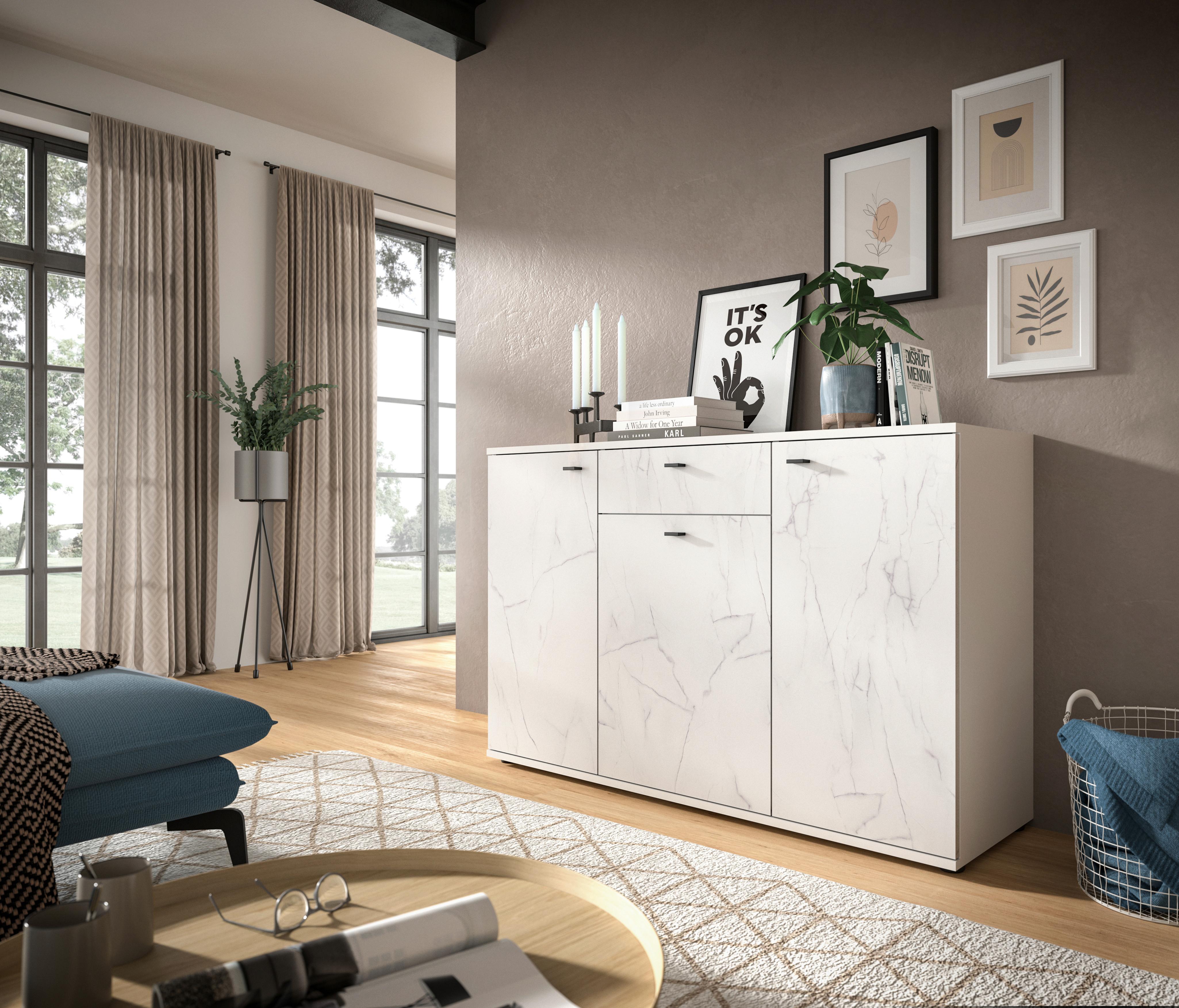 Kommode Stone Weiß B: 138 cm - Schwarz/Weiß, Design, Holzwerkstoff (138/87/40cm) - MID.YOU