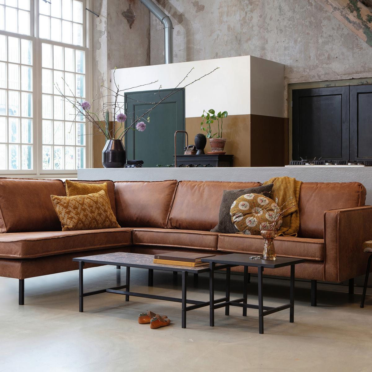 Ecksofa Rodeo Cognac S: 213x266cm - Cognac/Schwarz, Design, Leder/Textil (213/266cm) - Livetastic