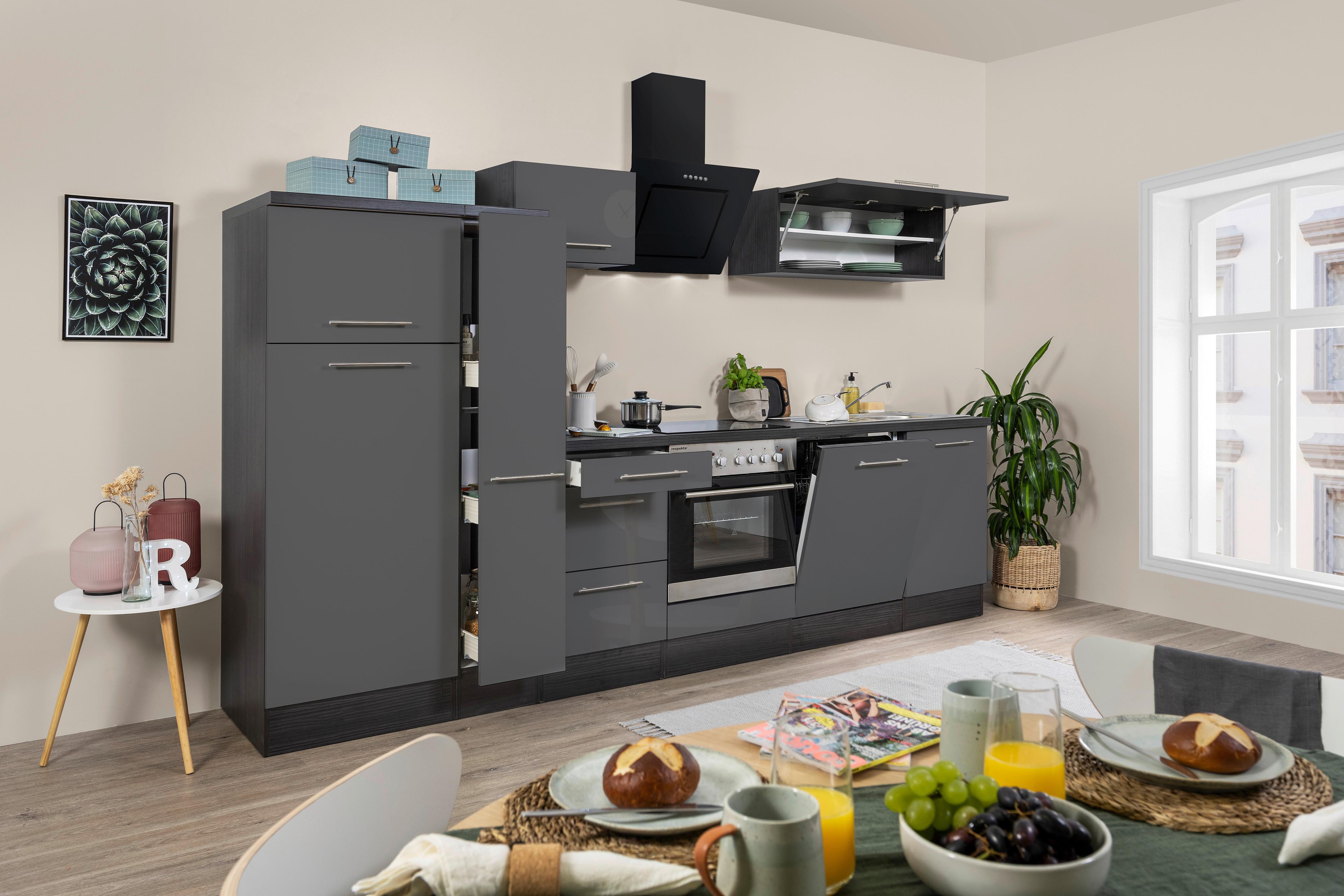 Küchenzeile mit Geräten 310 cm Grau/Eichefarben - Eichefarben/Grau, Basics, Holzwerkstoff (310cm) - Respekta