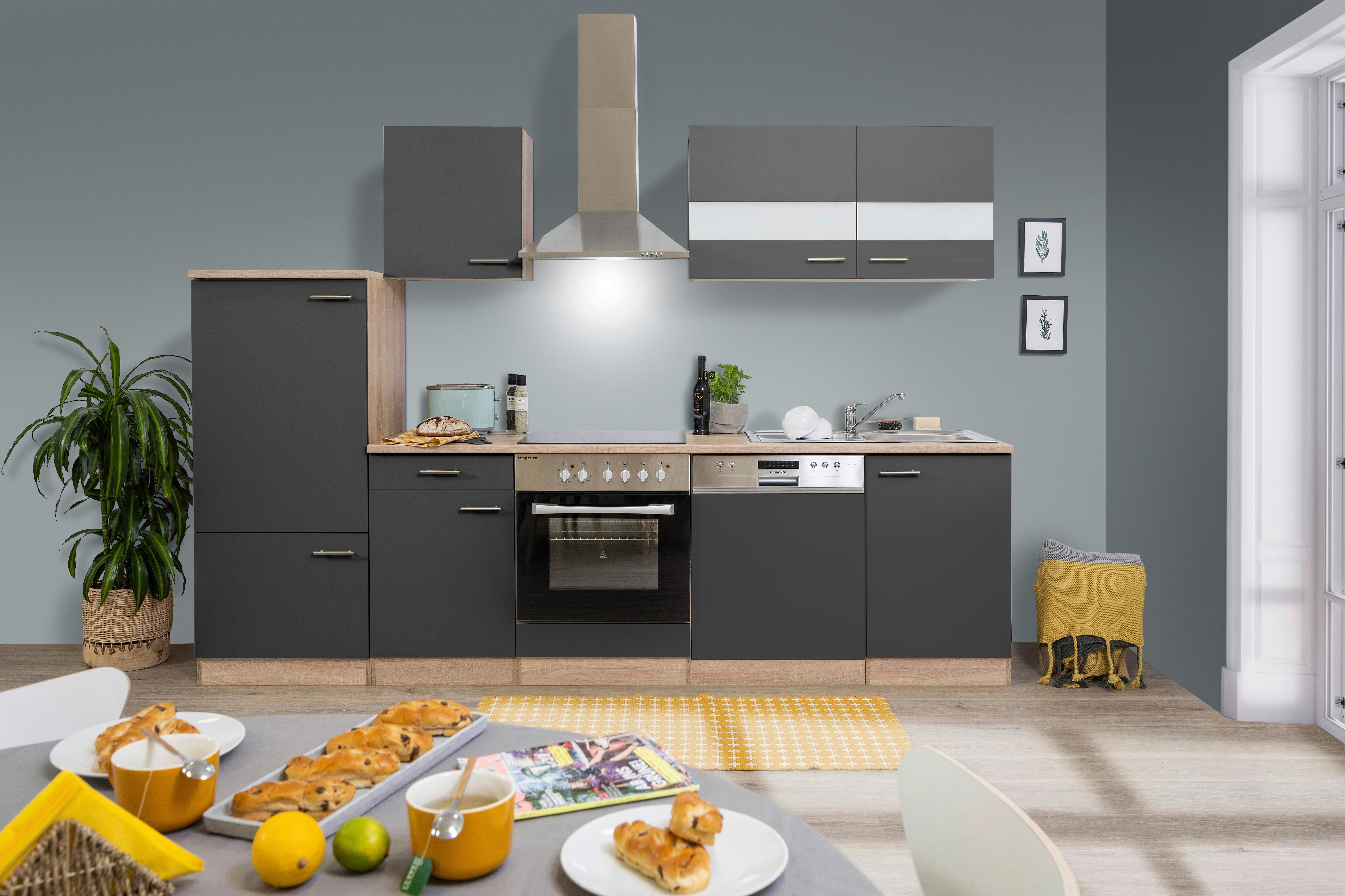 Küchenzeile ohne Geräte B: 280 cm Grau/Eiche Dekor - Eichefarben/Grau, Basics, Holzwerkstoff (280cm) - Respekta