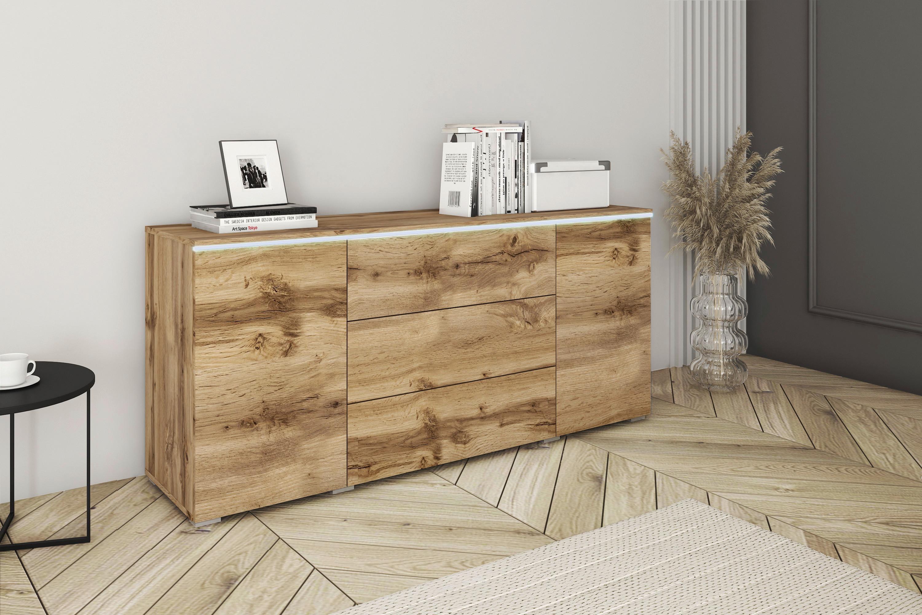 Sideboard mit Led 150cm Vera, Weiß - Eiche Wotan/Grau, LIFESTYLE, Holzwerkstoff (150/67,9/39,5cm) - P & B