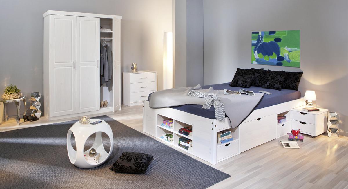 Stauraumbett mit Lattenrost Massiv 140x190 cm Till Weiß - Weiß/Naturfarben, MODERN, Holz (140/190cm) - MID.YOU