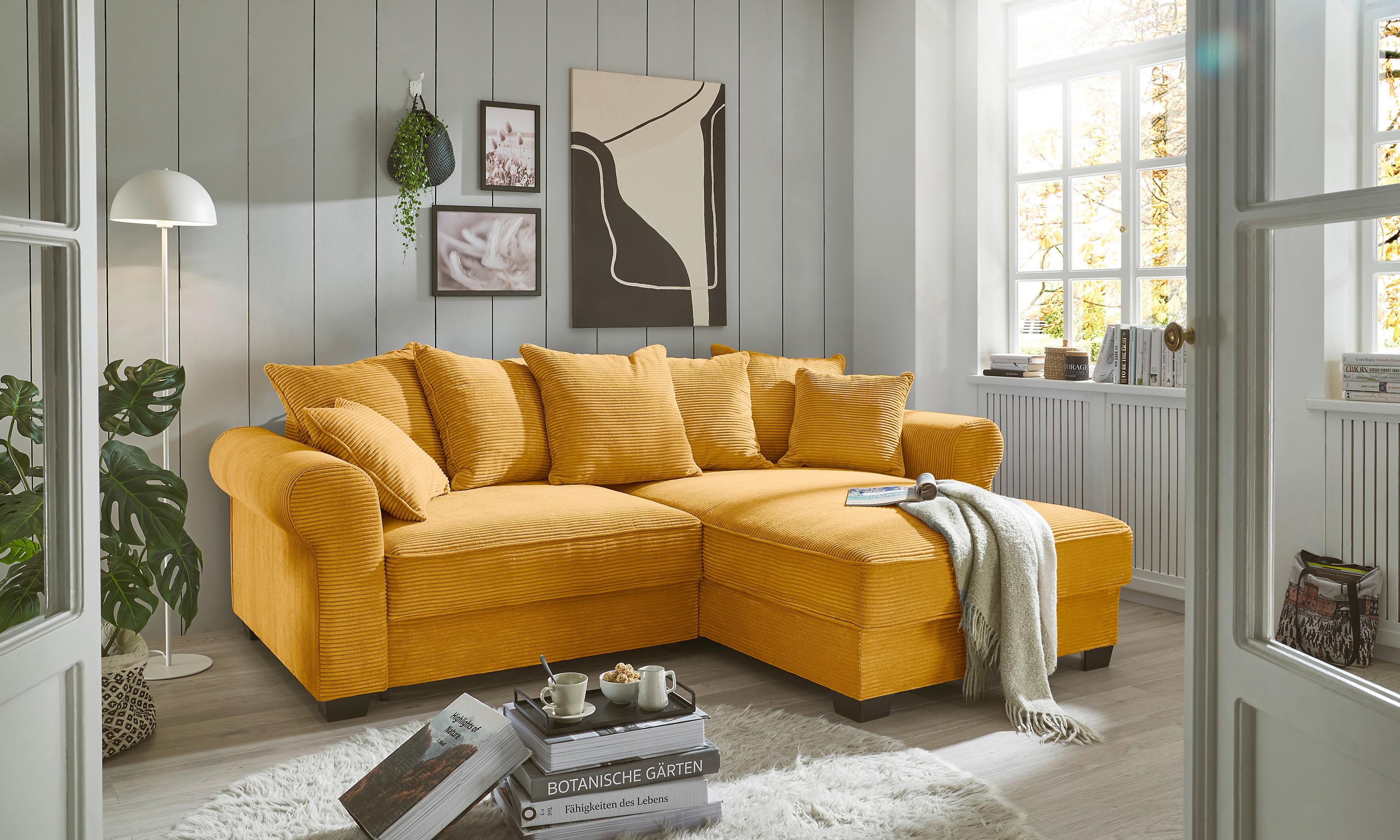 Ecksofa Maureen Gelb Cord - Gelb/Schwarz, KONVENTIONELL, Textil (255/185cm) - MID.YOU