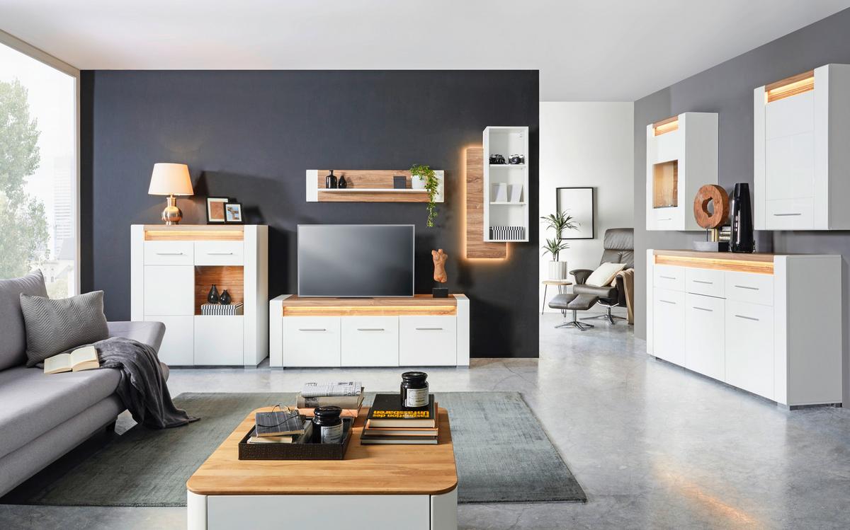 ZÁVĚSNÁ VITRÍNA LEONARDO - bílá/barvy dubu, Moderní, kov/kompozitní dřevo (60/98,5/30cm) - Mömax