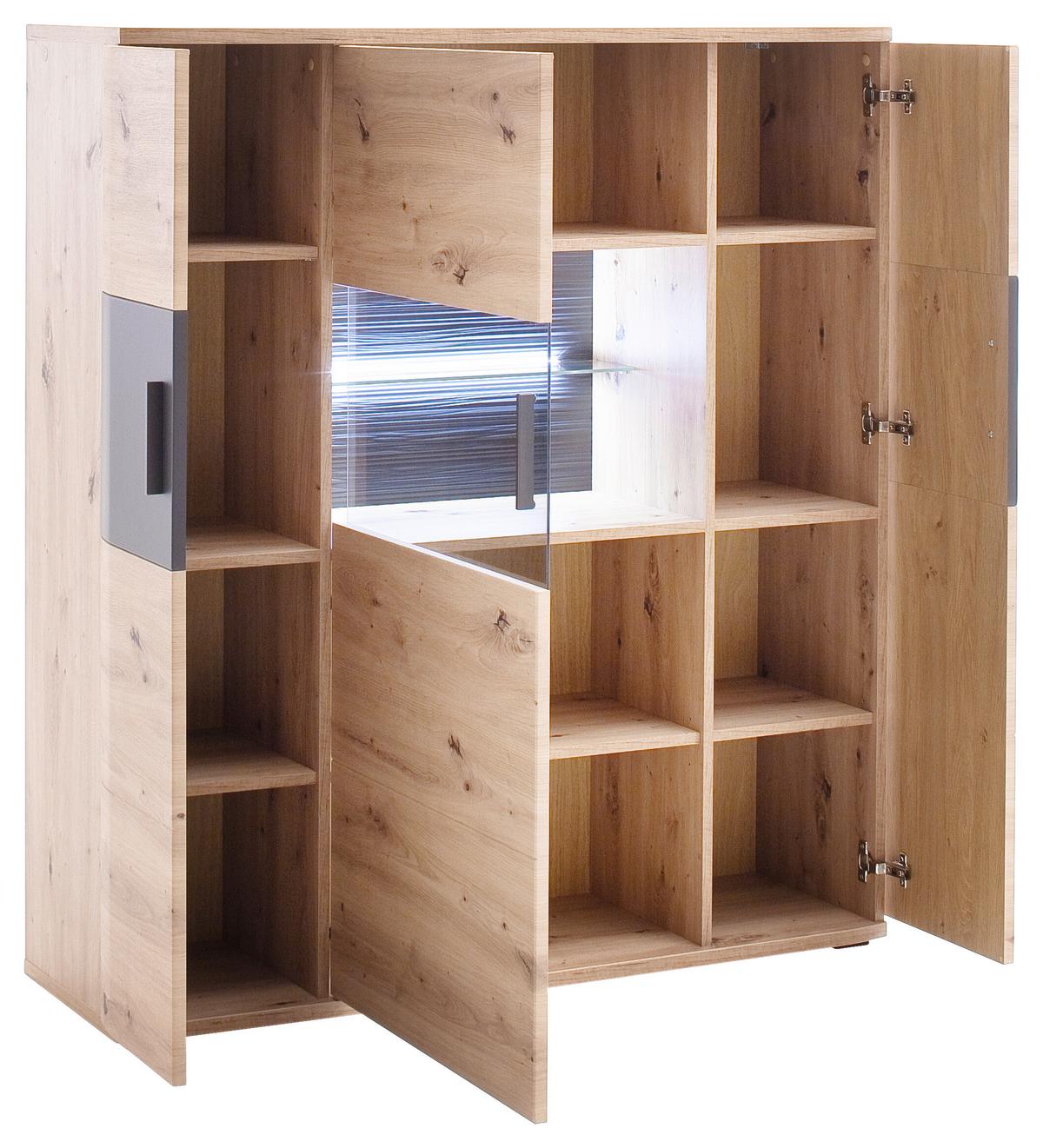 Highboard B: 120 cm Cortona Anthrazit/Eichefarben - Klar/Eichefarben, Design, Glas/Holzwerkstoff (120/134/37cm) - Livetastic
