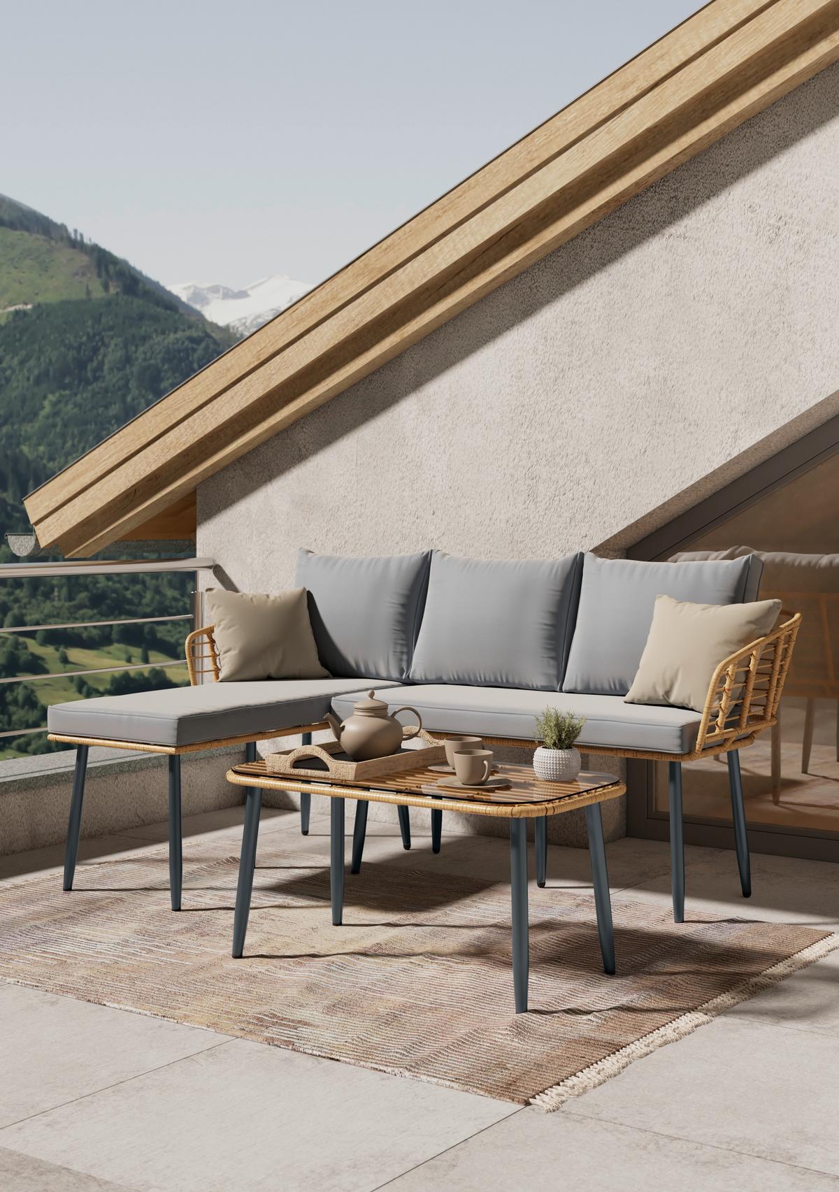 Loungegarnitur Kreta - Naturfarben/Grau, MODERN, Glas/Kunststoff (122cm) - Beldano