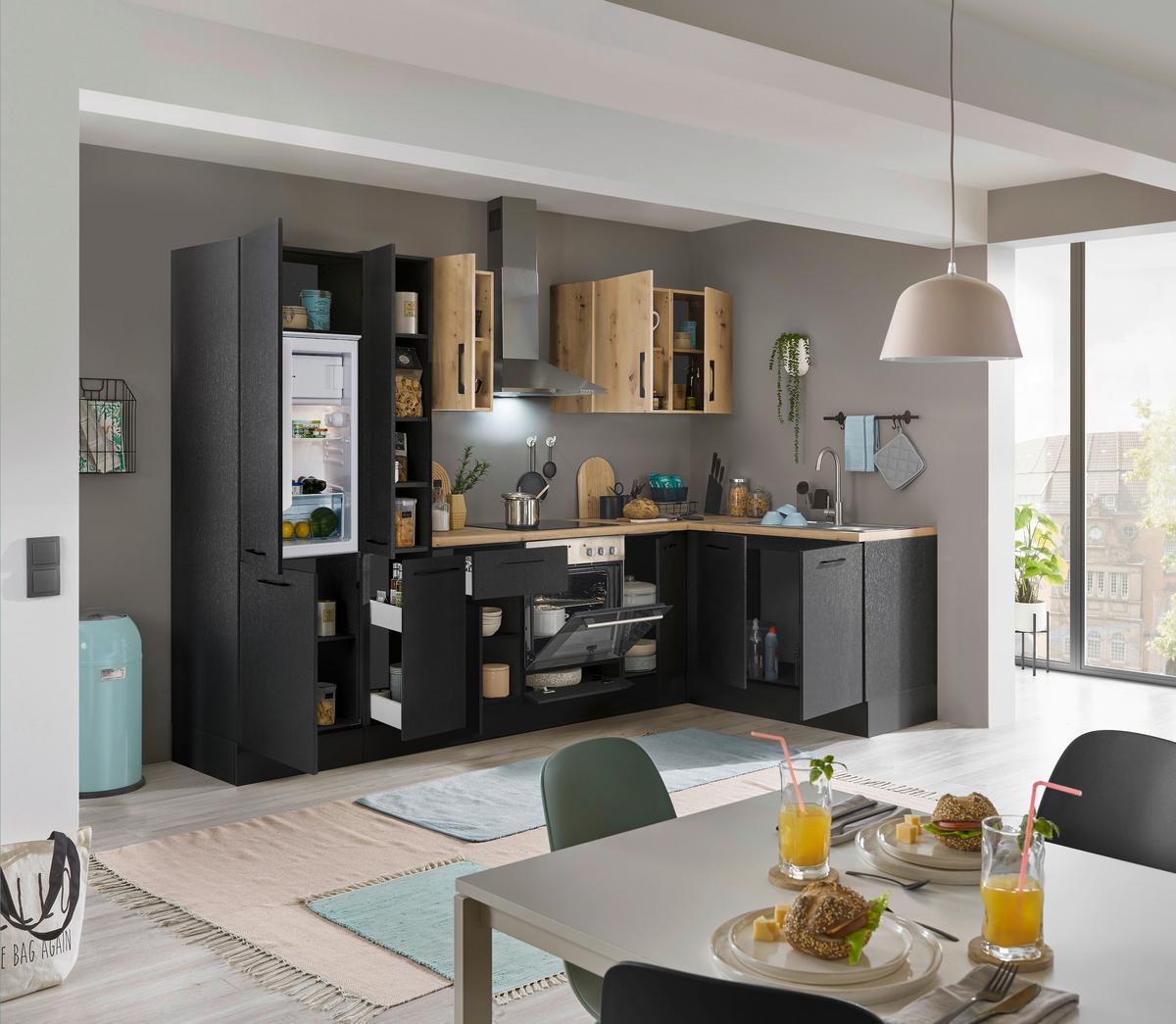 Eckküche Turin Schwarz/Eiche Dekor 300x165 cm - Schwarz/Eiche Artisan, Basics, Holzwerkstoff (300/165cm) - MID.YOU