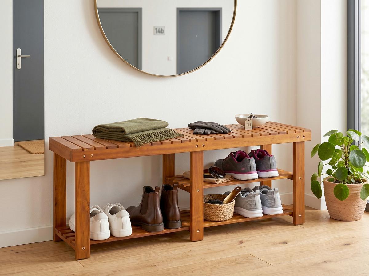 Sitzbank mit Schuhablage 2 in 1 - Akaziefarben, Basics, Holz (70/33/46cm) - Prestige Home