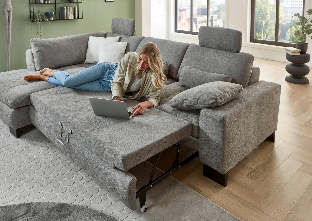 Rohová sedačka LANDO, levá, šedá žinylka, s funkcemi - šedá/černá, Moderní, kov/textil (197/289cm) - Premium Living