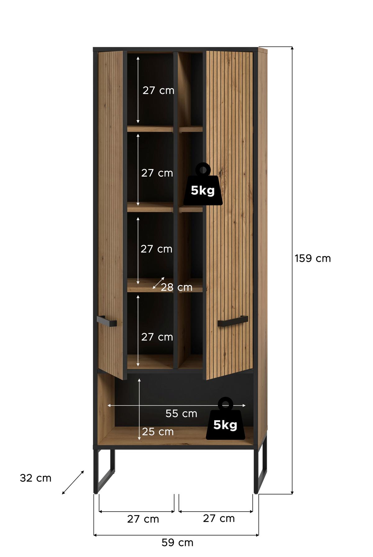 Hochschrank Bagno Schwarz /Eiche Artisan Dekor B: 59cm - Schwarz/Eiche Artisan, Trend, Holzwerkstoff (59/159/32cm) - MID.YOU