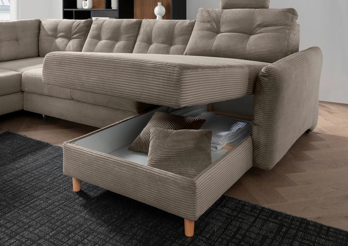 Wohnlandschaft Brizzini mit Schlaffunktion, Graubraun - Graubraun/Naturfarben, MODERN, Textil (206/338-352/176cm) - Livetastic