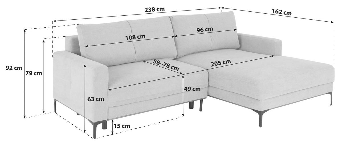 Ecksofa Bergamo - Schlammfarben/Schwarz, MODERN, Textil (238/162cm) - Ondega