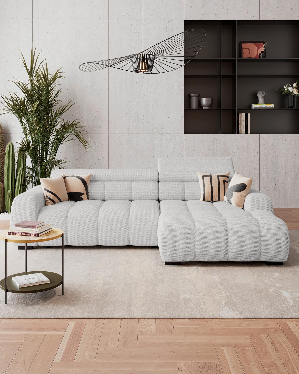 Rohová sedačka FREYA, pravá, sivobéžová, elektrický výsuv - čierna/sivobéžová, Trend, textil/plast (285/168cm)