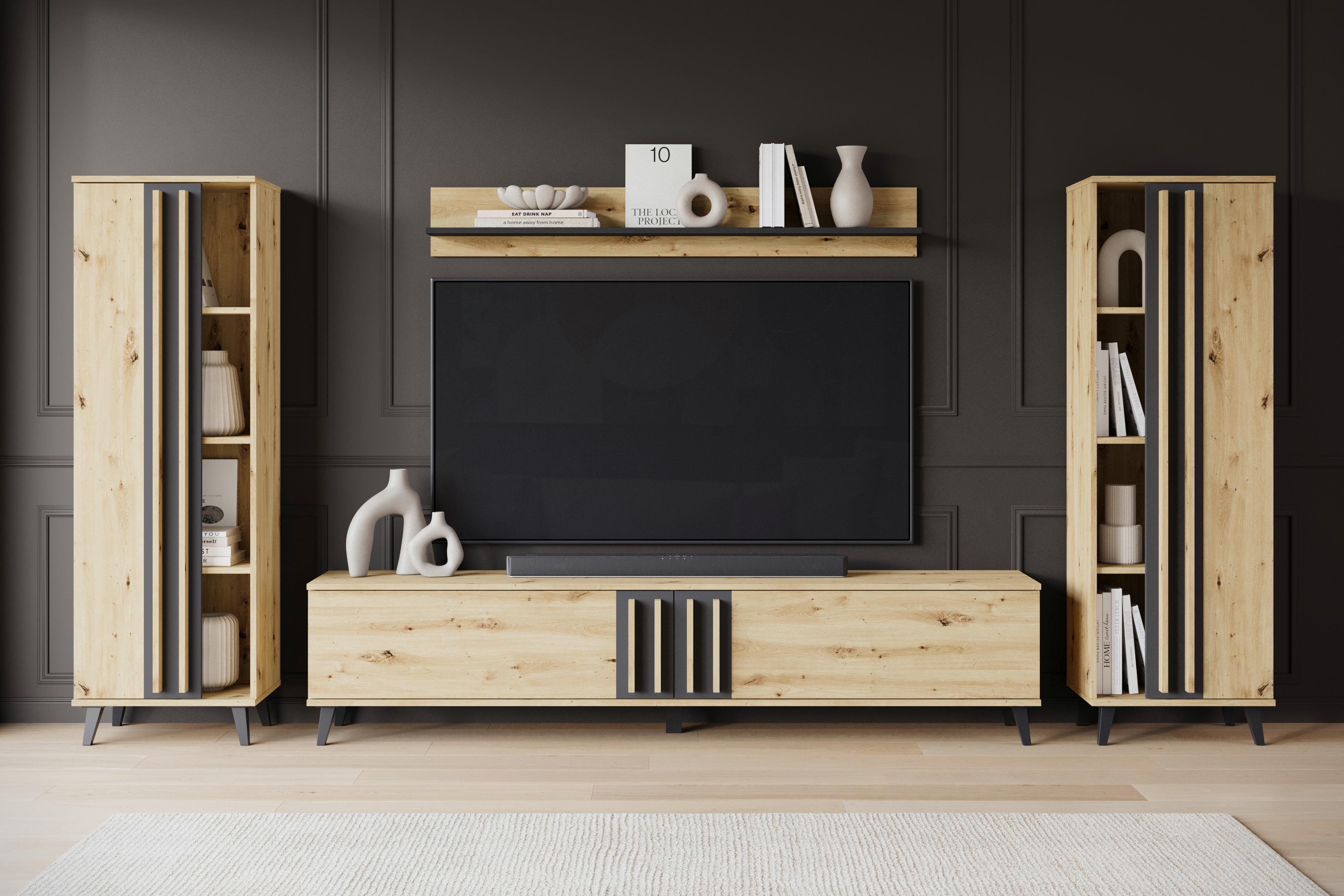 OBÝVACIA STENA HELSINKI 01 - čierna/dub artisan, Trend, kompozitné drevo/plast (270/140/33cm)