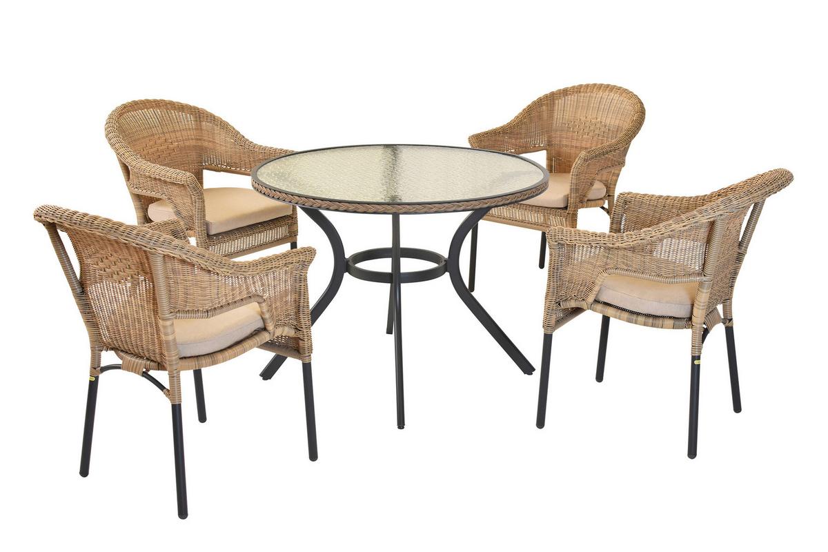 Gartentischgruppe Ravenna 5tlg. Set Inkl. Sitzkissen - Beige/Graphitfarben, KONVENTIONELL, Glas/Kunststoff - Gardenson
