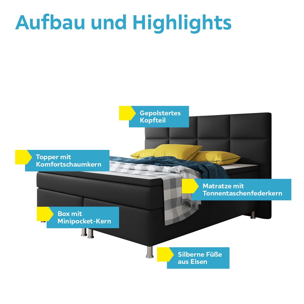 Boxspringbett mit Topper / Matratze 180x200 cm Miami - Silberfarben/Schwarz, KONVENTIONELL, Leder/Textil (200/125/210cm) - MID.YOU