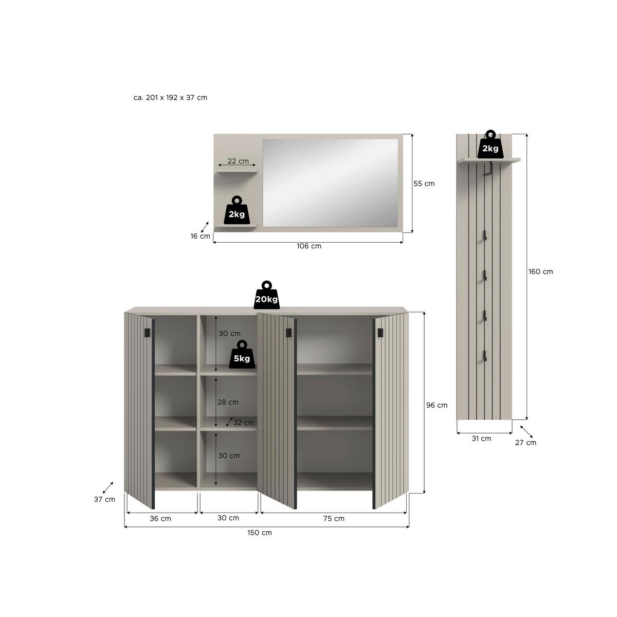 Garderobe Station Kaschmir B: 201cm - Kaschmir, Design, Holzwerkstoff (201/192/37cm) - MID.YOU