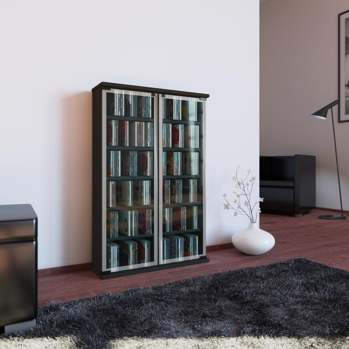 Cd Regal Mit Glastüren Galerie 60 Cm Schwarz - Schwarz, KONVENTIONELL, Glas/Holzwerkstoff (60/92/18cm) - MID.YOU