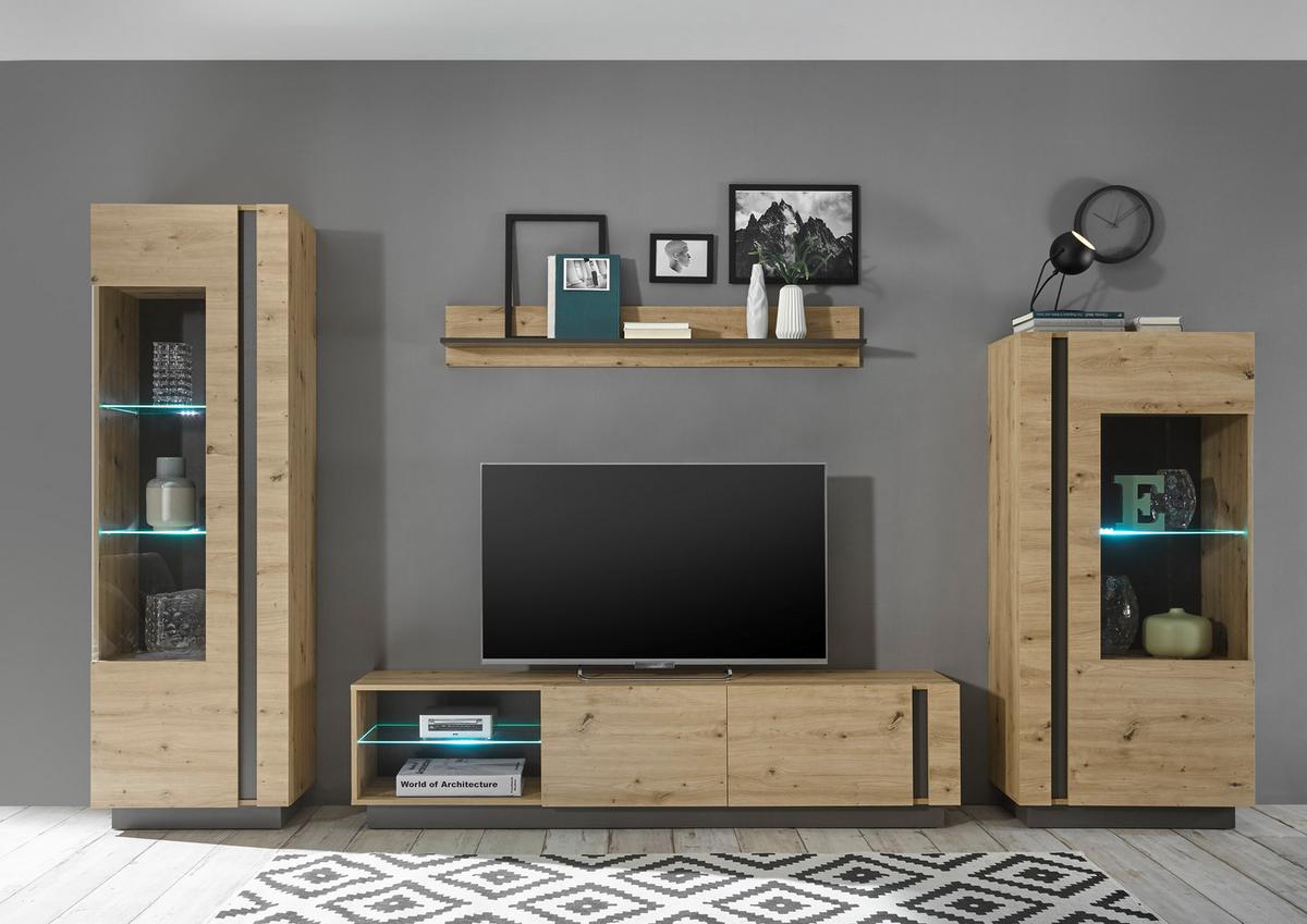 Wohnwand Clair Grau/ Eiche Artisan Dekor B: 340cm - Eiche Artisan/Grau, Design, Glas/Holzwerkstoff (340/194/40cm) - MID.YOU