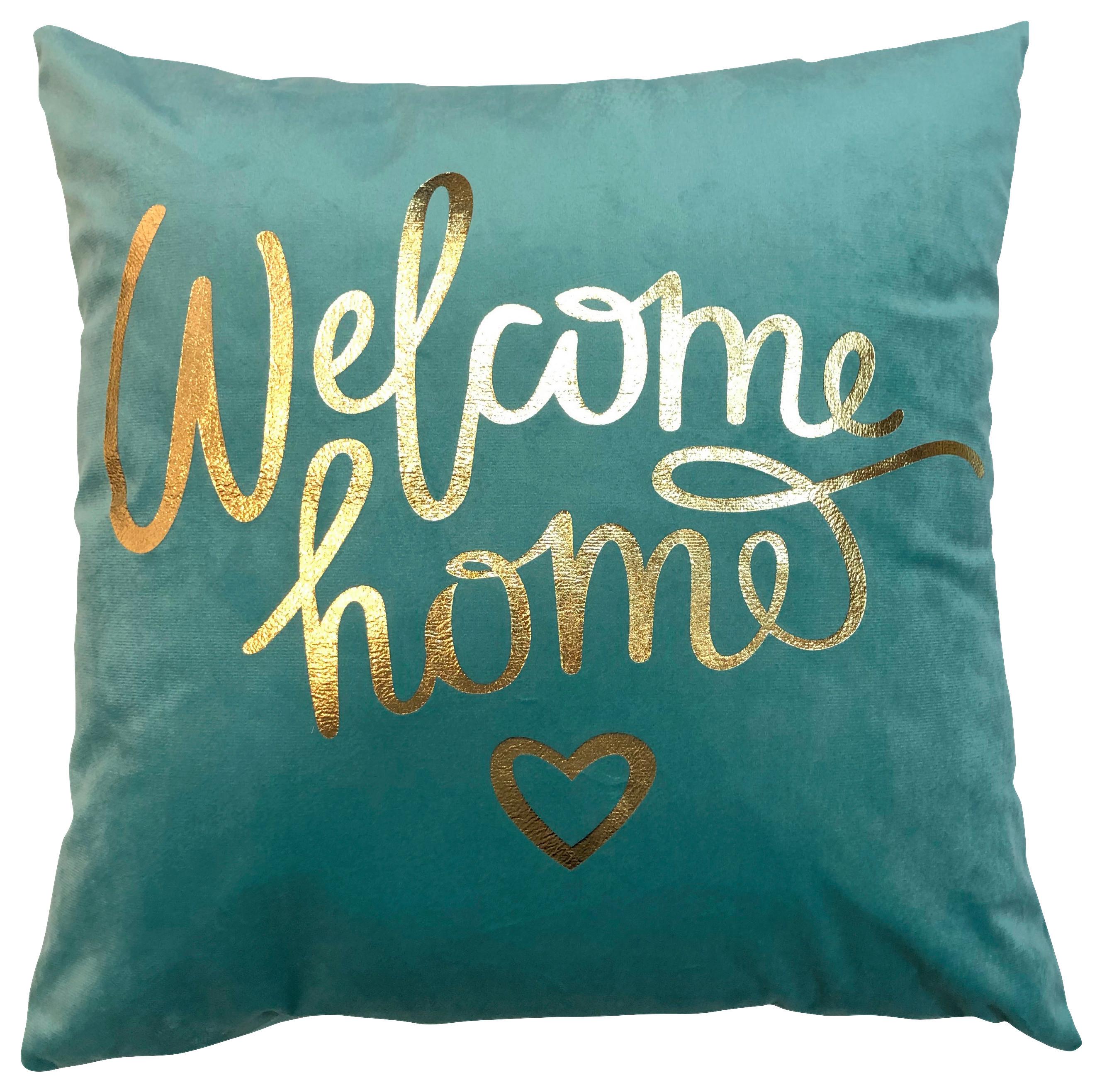 Zierkissen Welcome Home 45x45 cm Polyester Türkis mit Zipp - Türkis, MODERN, Textil (45/45cm) - Luca Bessoni