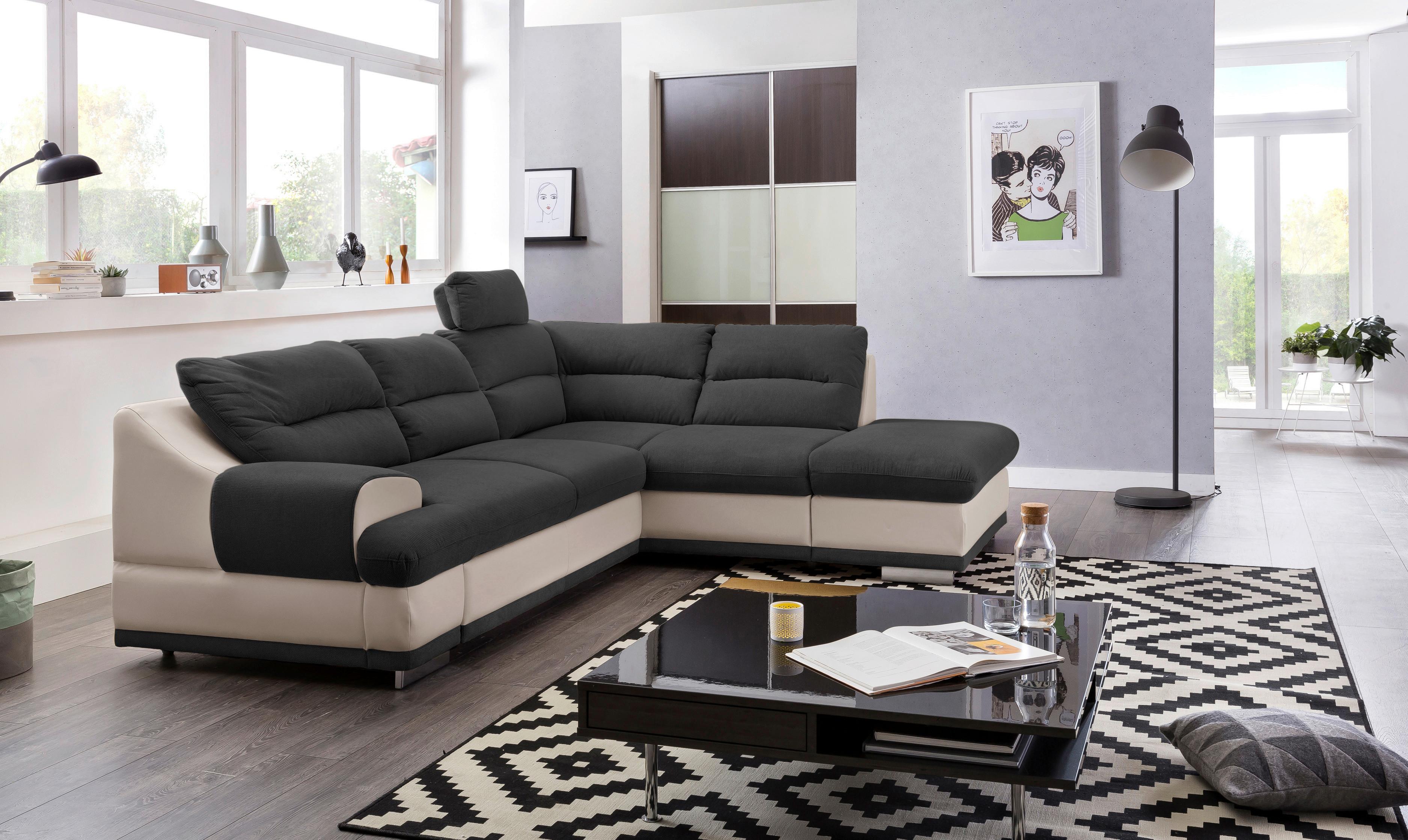 Ecksofa mit Schlaffunktion & Bk, Seaside Schwarz/Sandfarben - Sandfarben/Chromfarben, KONVENTIONELL, Textil (264/217cm) - MID.YOU