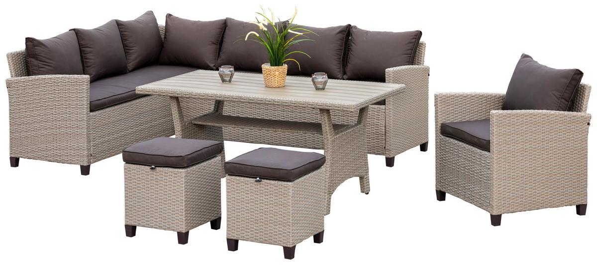Loungegarnitur 5-Tlg. Palma Kunststoffgeflecht mit Kissen - Dunkelbraun/Naturfarben, KONVENTIONELL, Kunststoff/Textil (239/170cm) - Gardenson