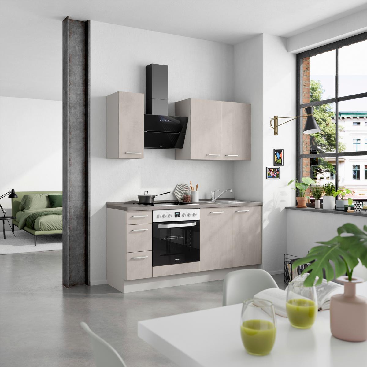 Kuchynská linka 180 cm, šedý betón/ kamenná šedá - sivá/farba ušľachtilej ocele, Modern, kov/kompozitné drevo (180cm) - Nobilia