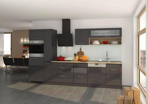 Küchenzeile Mailand mit Geräten 330 cm Anthrazit Hochglanz - Eichefarben/Anthrazit, MODERN, Holzwerkstoff (330cm) - Held