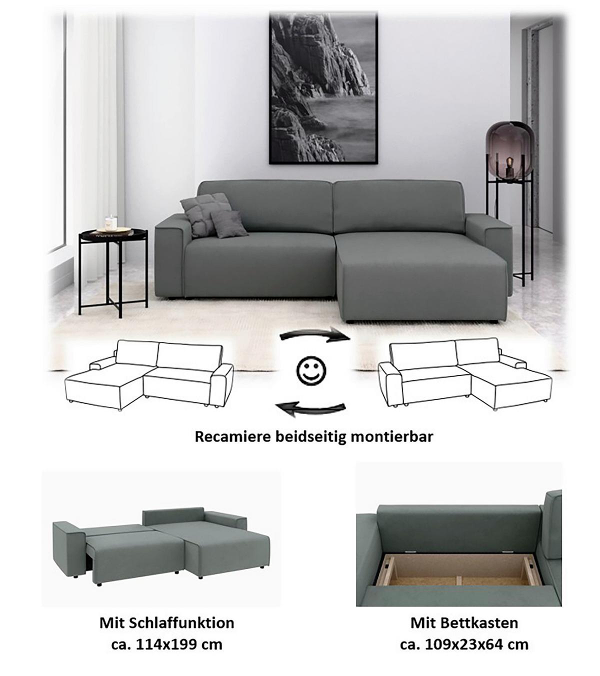 Ecksofa Chance, Grau S: 265x164 cm - Schwarz/Grau, MODERN, Textil (265/164cm) - Trendmanufaktur