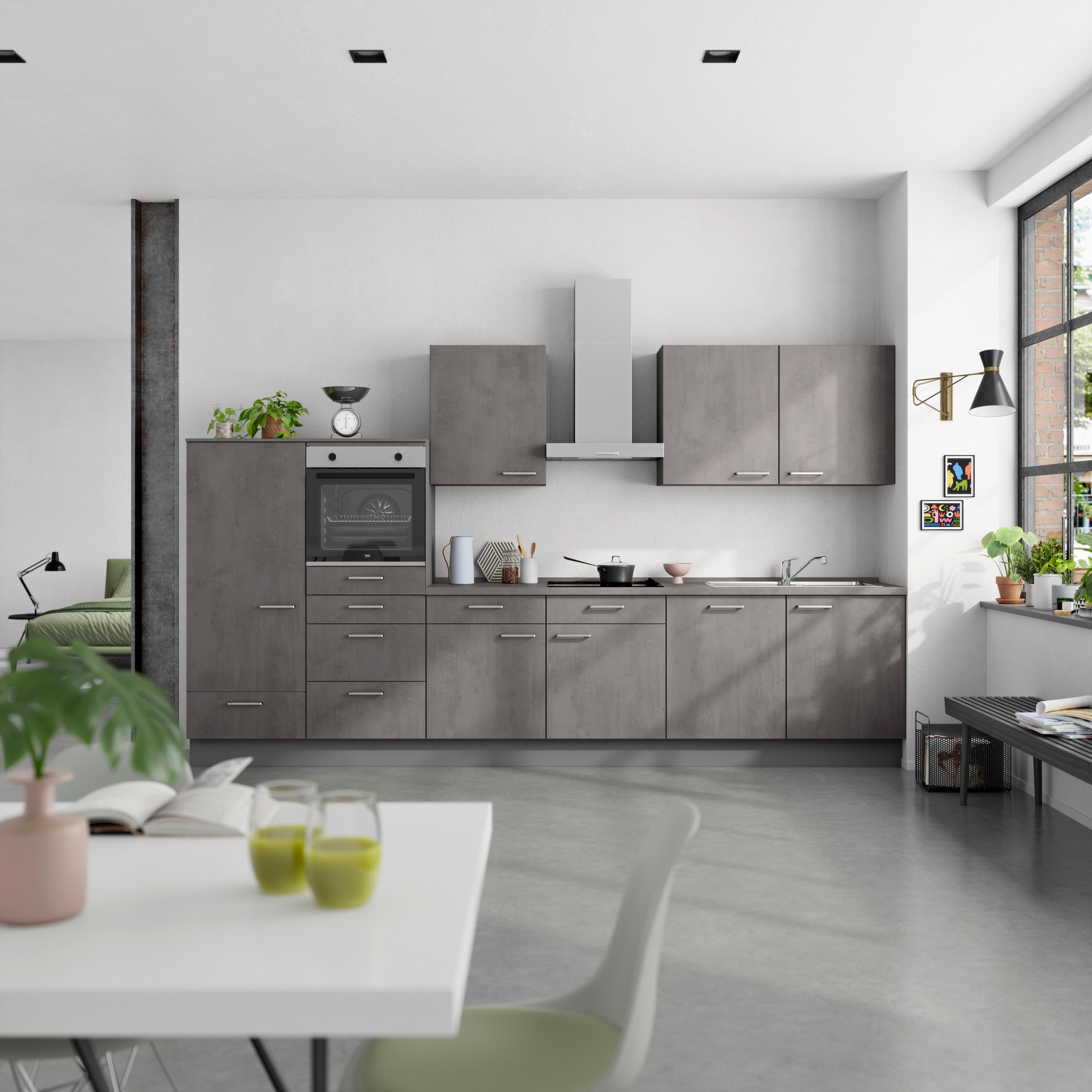 Kuchynská linka 360 cm, bridlicový šedý beton - farba ušľachtilej ocele/bridlicová, Modern, kov/kompozitné drevo (360cm) - Nobilia