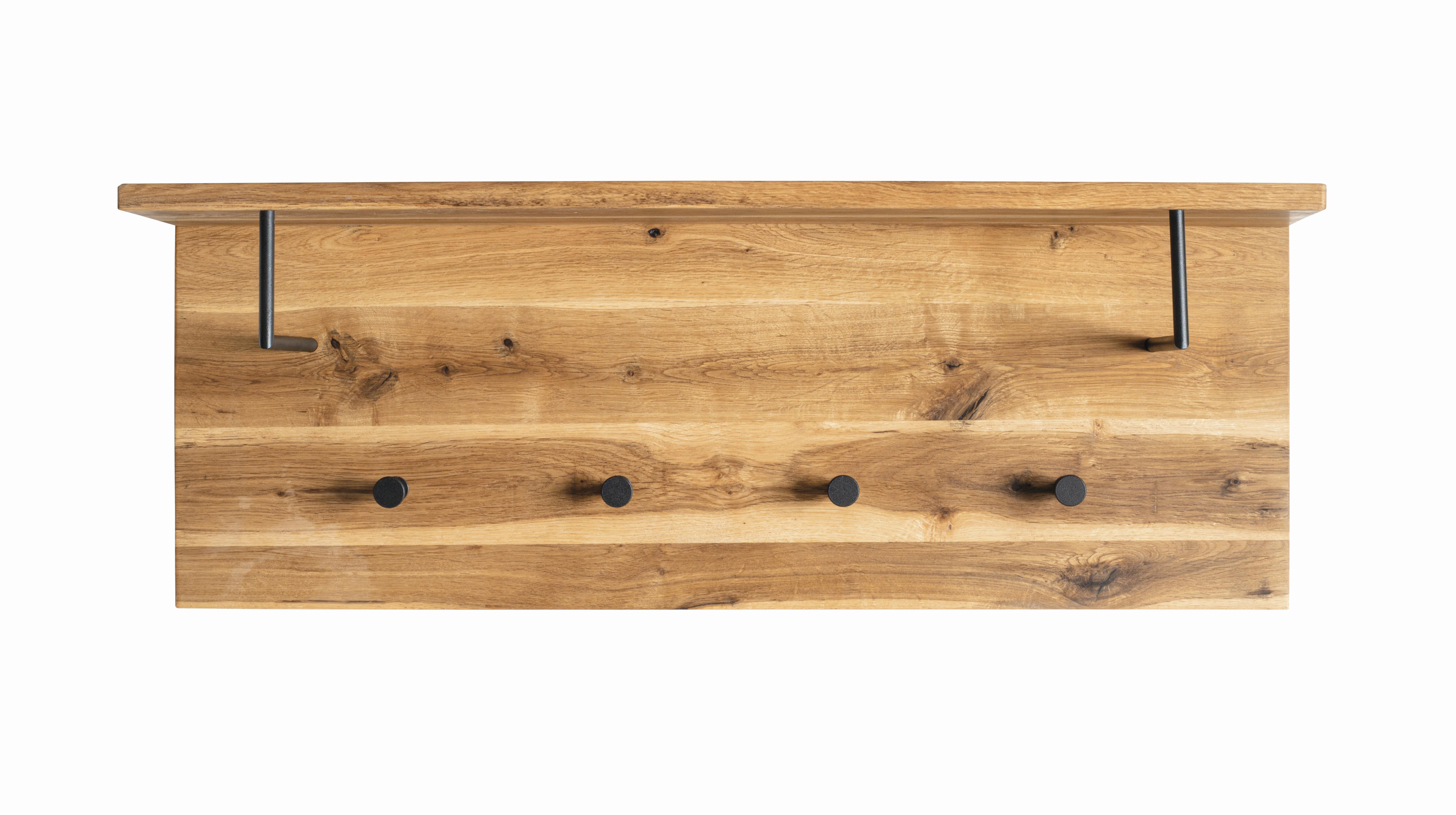 Garderobenpaneel Eiche Massiv Hutablage 4 Haken B: 80 cm - Eichefarben/Schwarz, Basics, Holz/Metall (80/30/20cm)