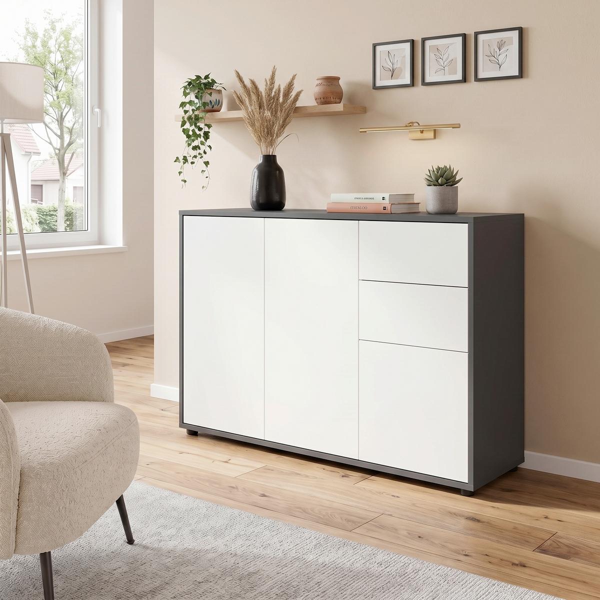 Kommode Mailand Anthrazit/Weiß B: 105,5cm - Anthrazit/Schwarz, MODERN, Holzwerkstoff (105,5/73/33cm) - MID.YOU