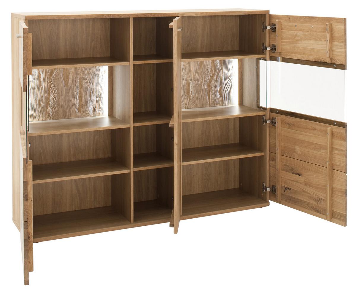 Highboard Santori Eiche teilmassiv - Eichefarben/Schwarz, Design, Glas/Holz (150/121/37cm) - Livetastic