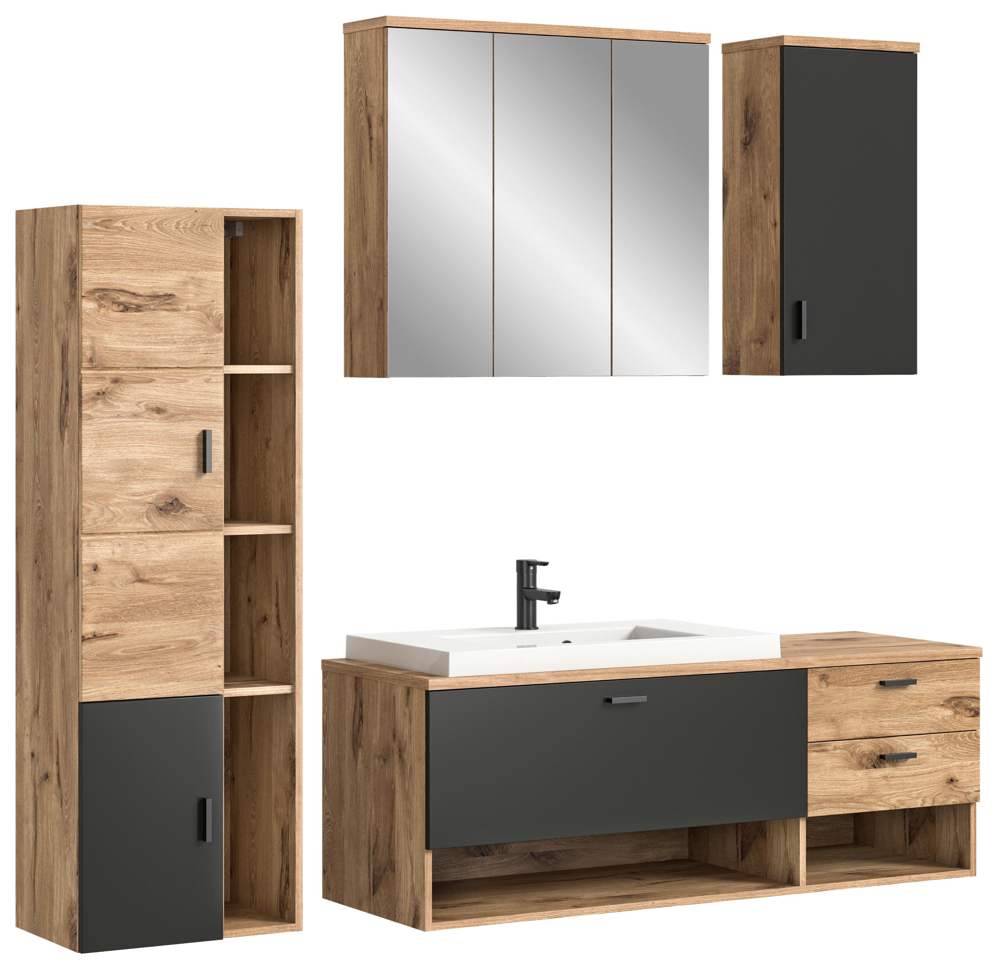 Badezimmer Grado Eiche Dekor/grau - Weiß Hochglanz/Grau, MODERN, Glas/Keramik (182cm) - MID.YOU
