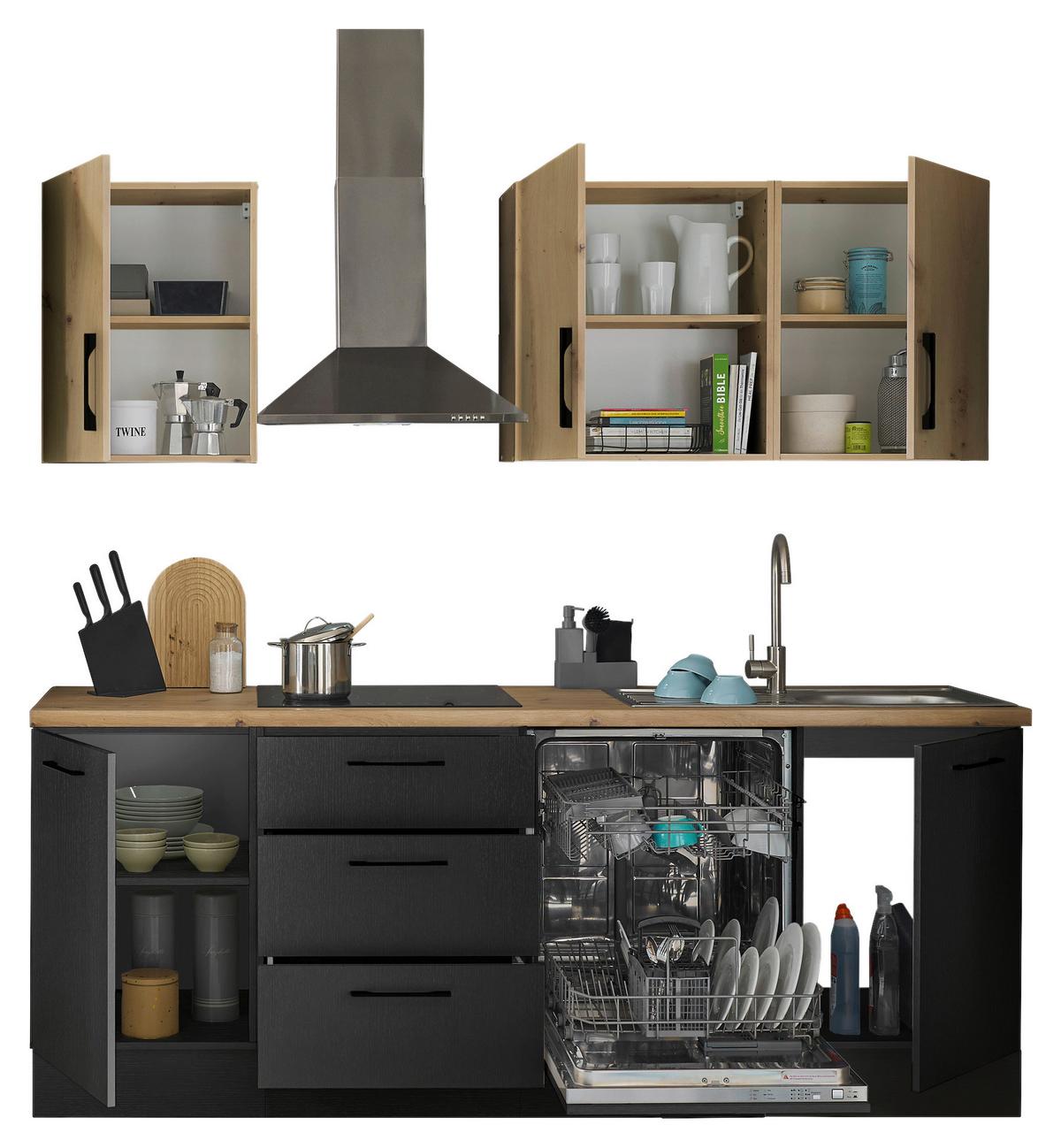 Kuchyňská linka TURIN bez spotřebičů, šíŕka 220 cm - černá/dub artisan, Moderní, kov/kompozitní dřevo (220cm)