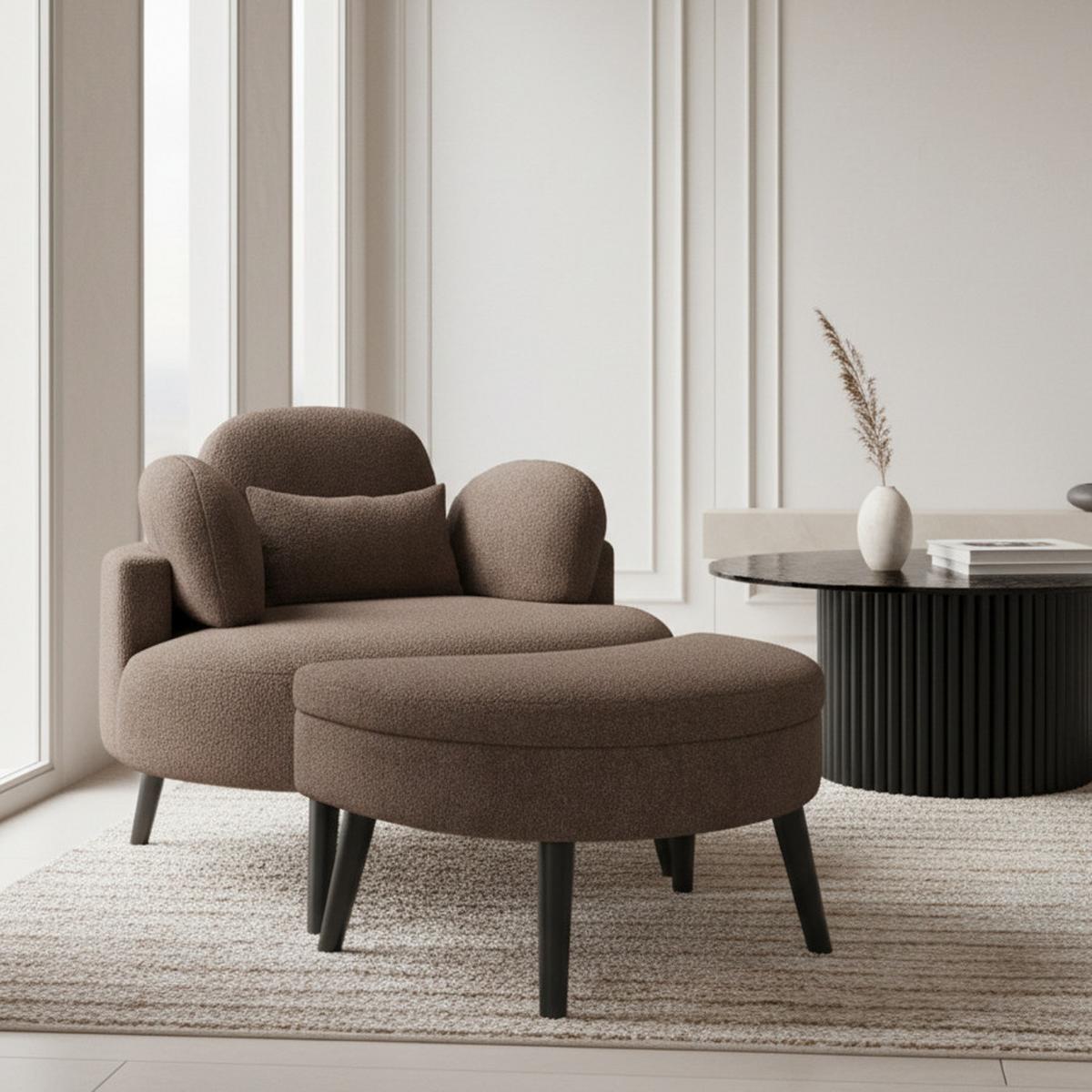 Kreslo s taburetkou BIANCA, hnedá ženilka, max. 150 kg - hnedá/prírodná farba, Modern, drevo/textil (111/69/152cm) - Bessagi Home