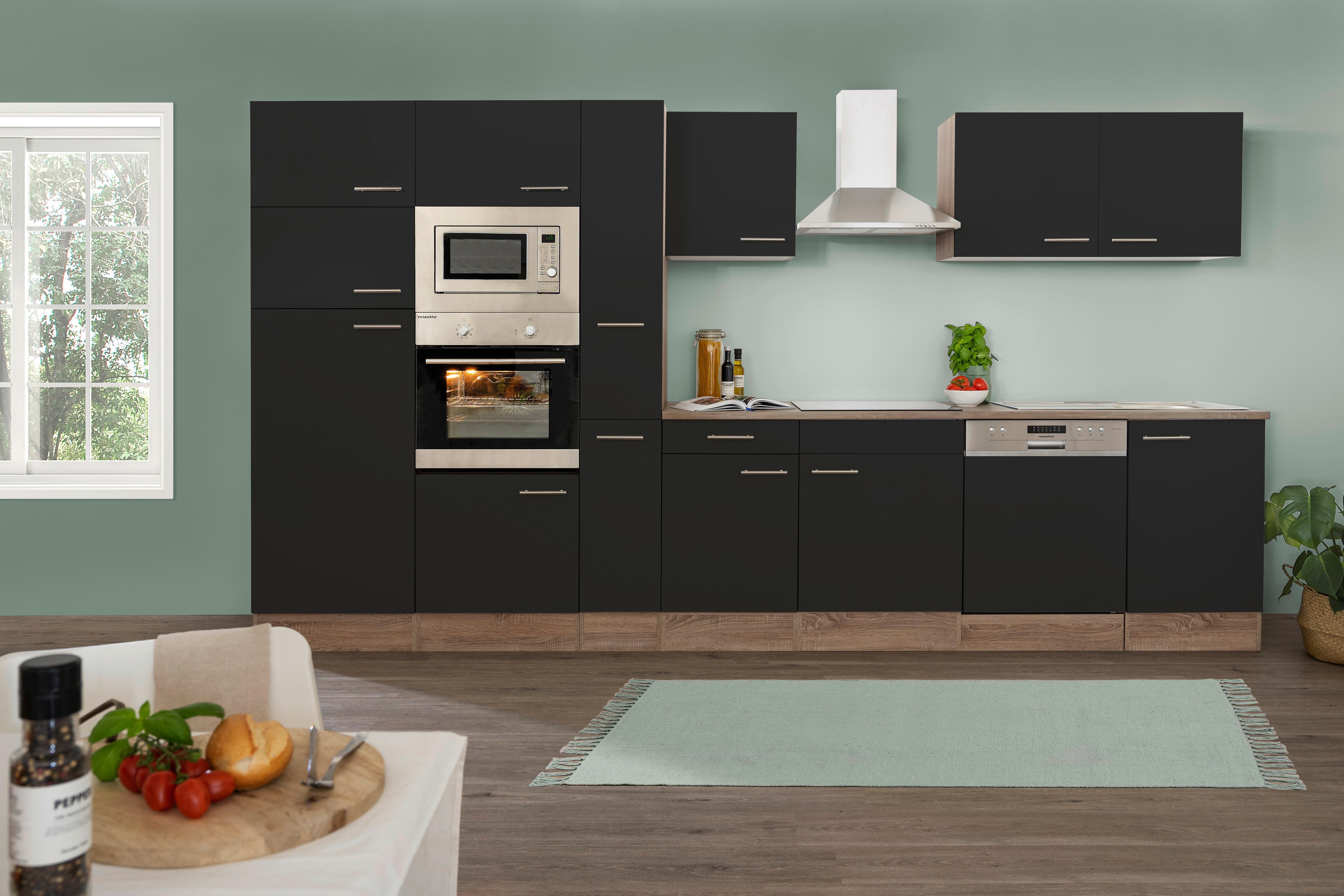 Küchenzeile mit Geräten B: 370 cm Schwarz/Eiche Dekor - Eichefarben/Schwarz, Design, Holzwerkstoff (370cm) - Respekta