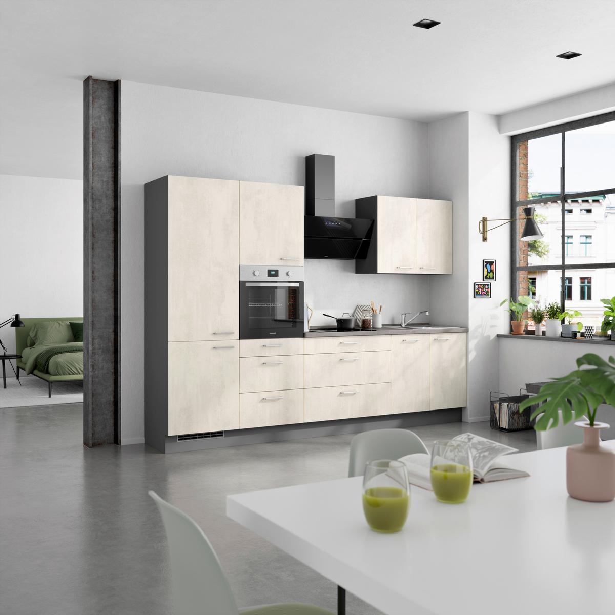 Kuchynská linka 300CM biely betón/ bridlicová šedá - biela/farba ušľachtilej ocele, Modern, kov/kompozitné drevo (300cm) - Nobilia