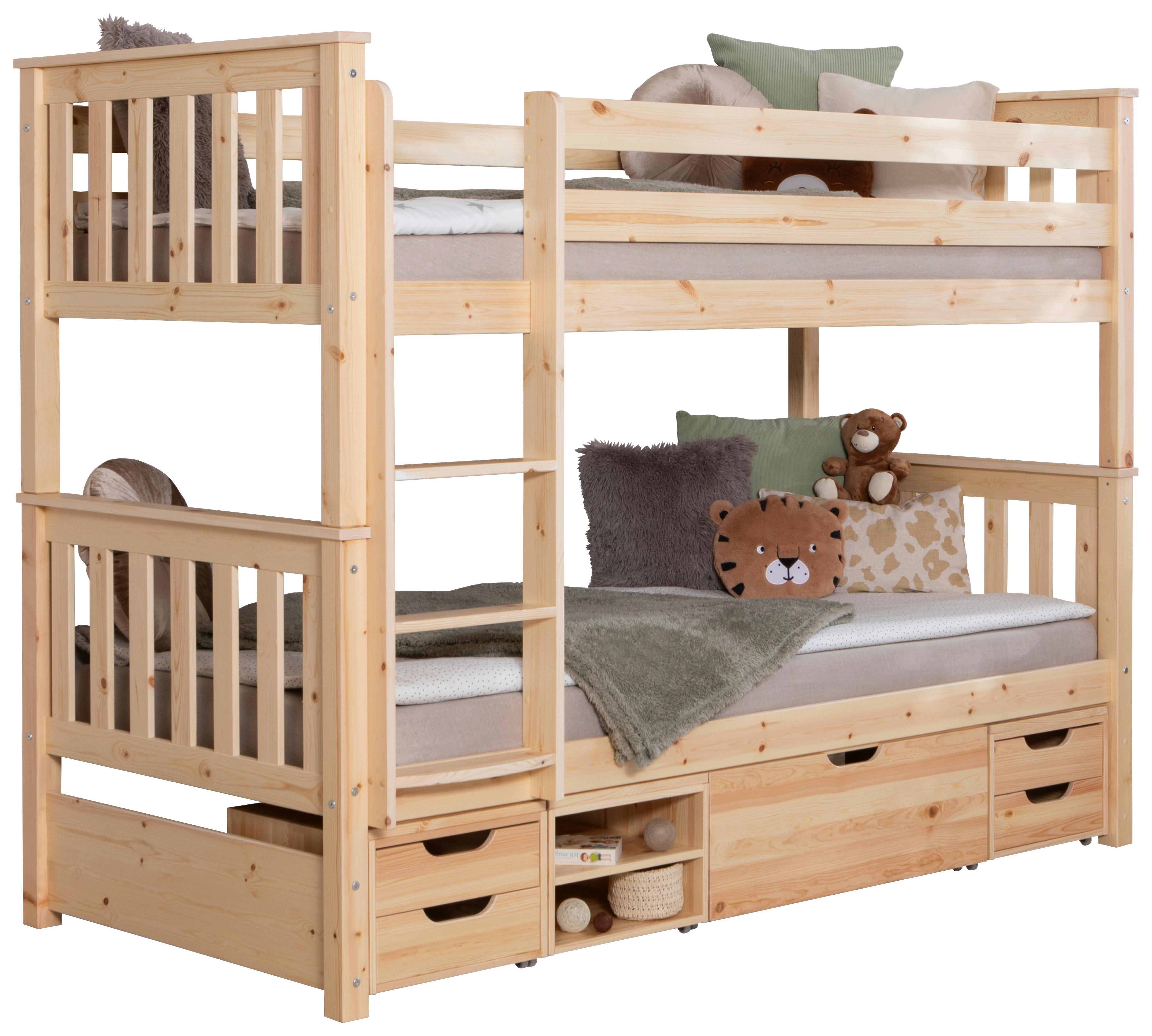 Etagenbett Sammy Kiefer Massiv 90 cm mit Bettkasten + Leiter - Naturfarben, MODERN, Holz (90/200cm) - MID.YOU