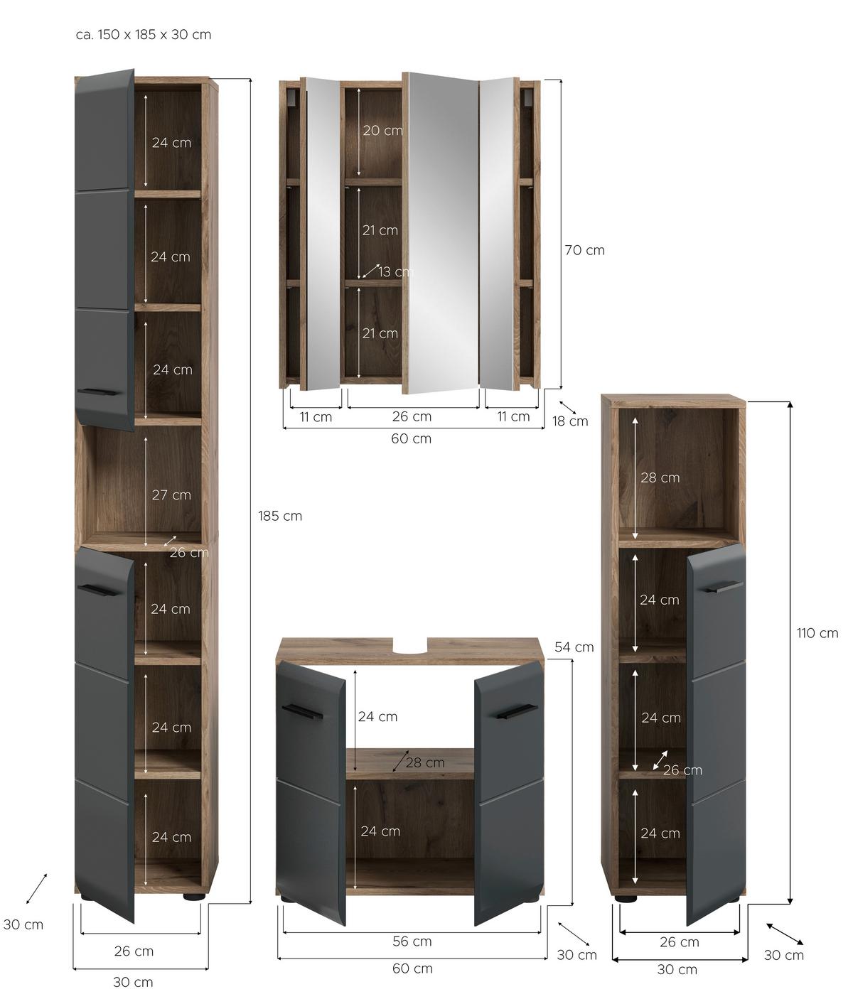 Koupelna Ice 4-dílna, černá/Dub tmavy - černá/tmavý dub, Basics, kompozitní dřevo/plast (150cm) - MID.YOU
