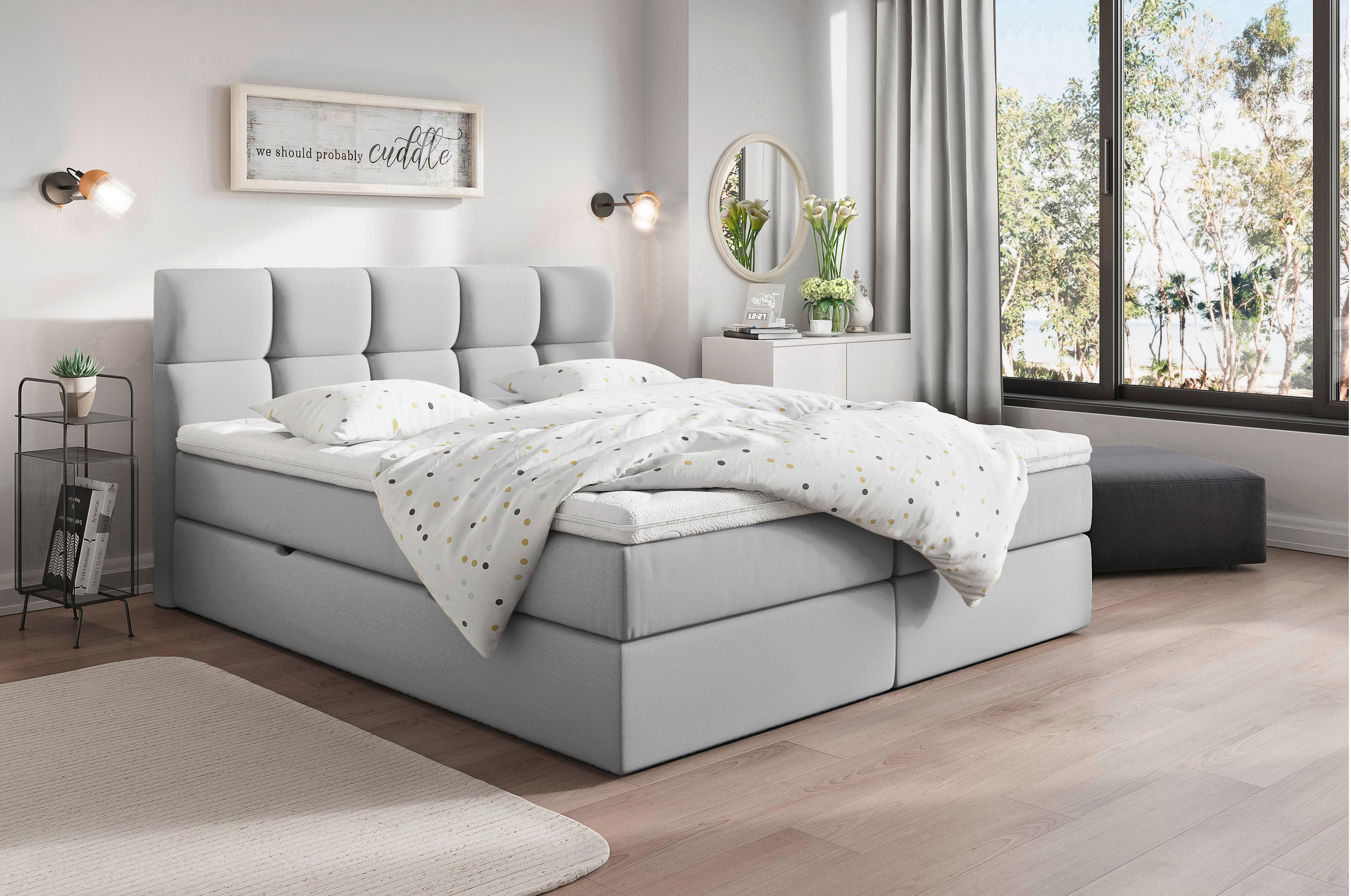 Boxspringbett mit Topper 180x200cm Lorie Hellgrau - Hellgrau/Schwarz, LIFESTYLE, Holz/Holzwerkstoff (180/200cm) - Livetastic