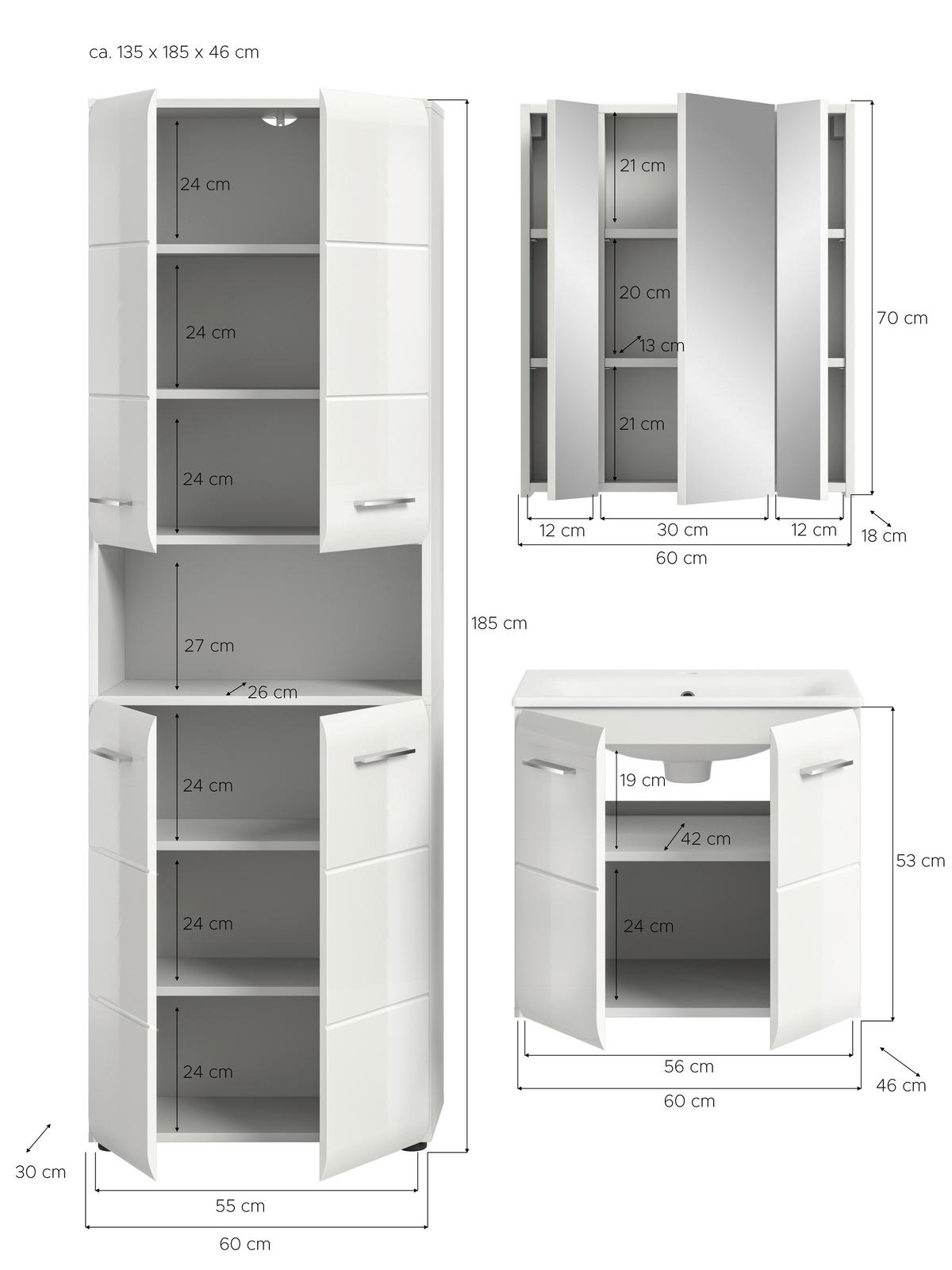 Badezimmer Ice Weiß Hg B: 120 cm - Weiß Hochglanz/Schwarz, MODERN, Keramik/Holzwerkstoff (120/185/30cm) - MID.YOU